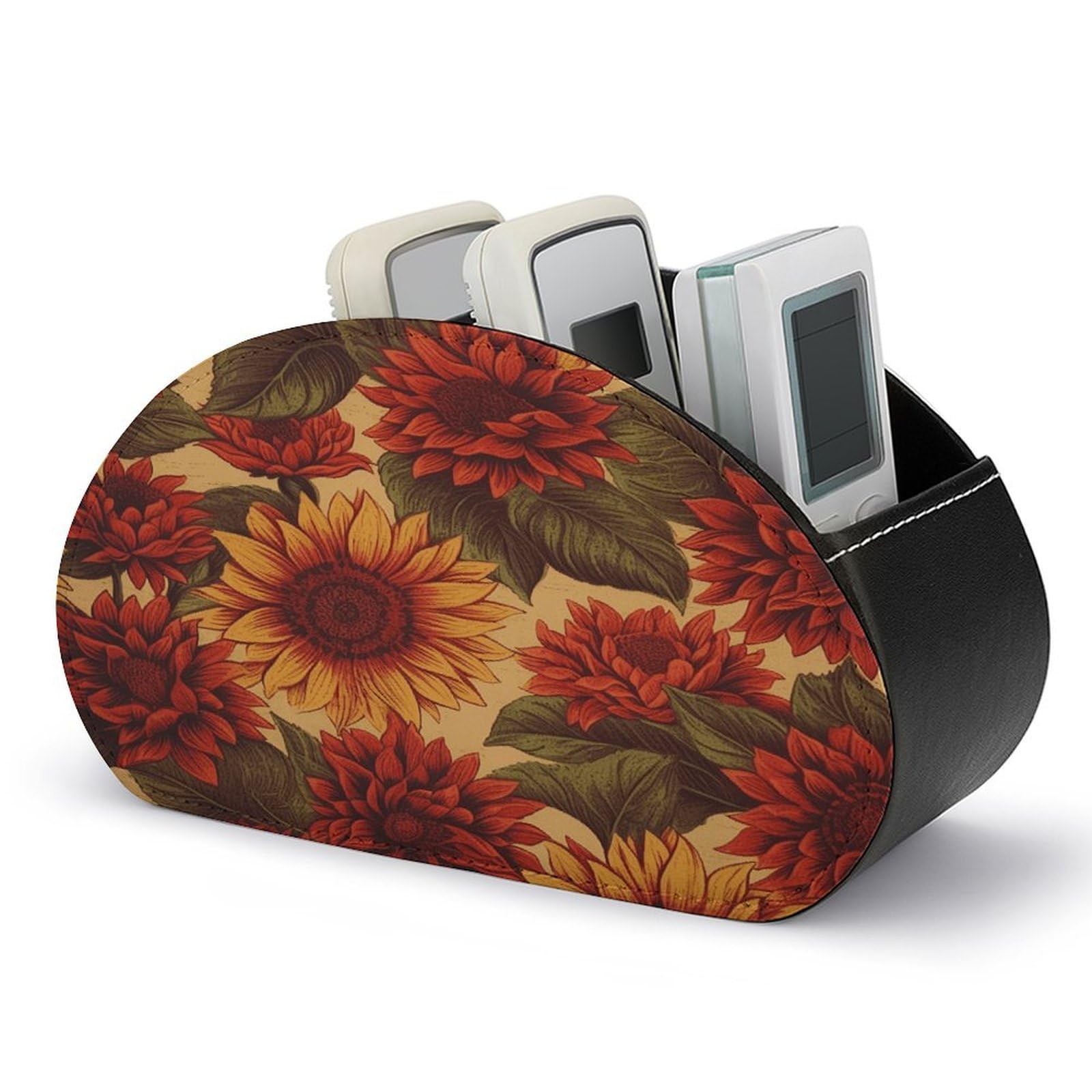 VstaDank Red Sunflower Remote Control Holder with 5 Compartments PU Leather TV Remoter Caddy Desktop Organizer TV Remote Holder Remote Box for Media Controllers Office Supplies