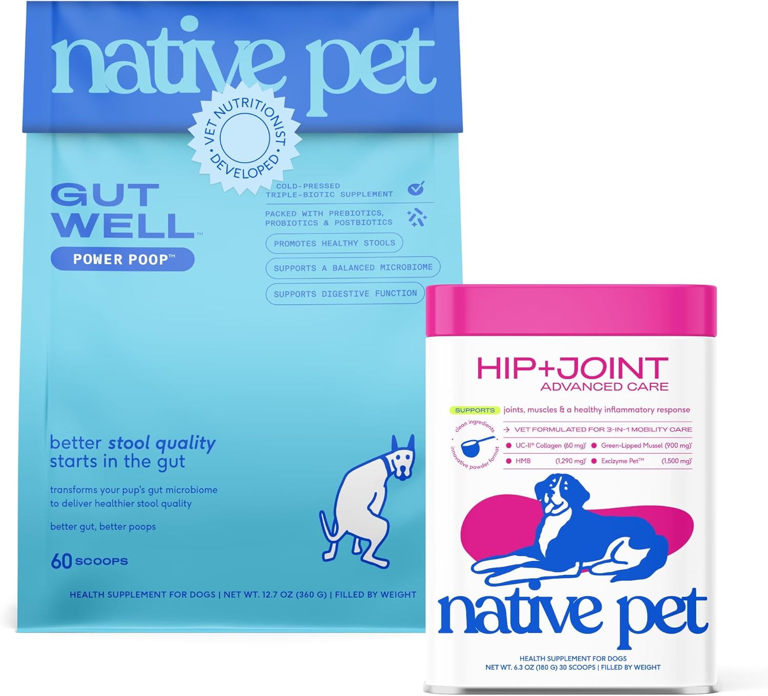 Native Pet Advanced Gut & Mobility Support: Hip & Joint Supplement for Dogs - Supports Joints, Cartilage, Muscles & Anti-Inflammatory - 30 Scoops & GutWell Power Poop - Dog Fiber Supplements 60 Scoops