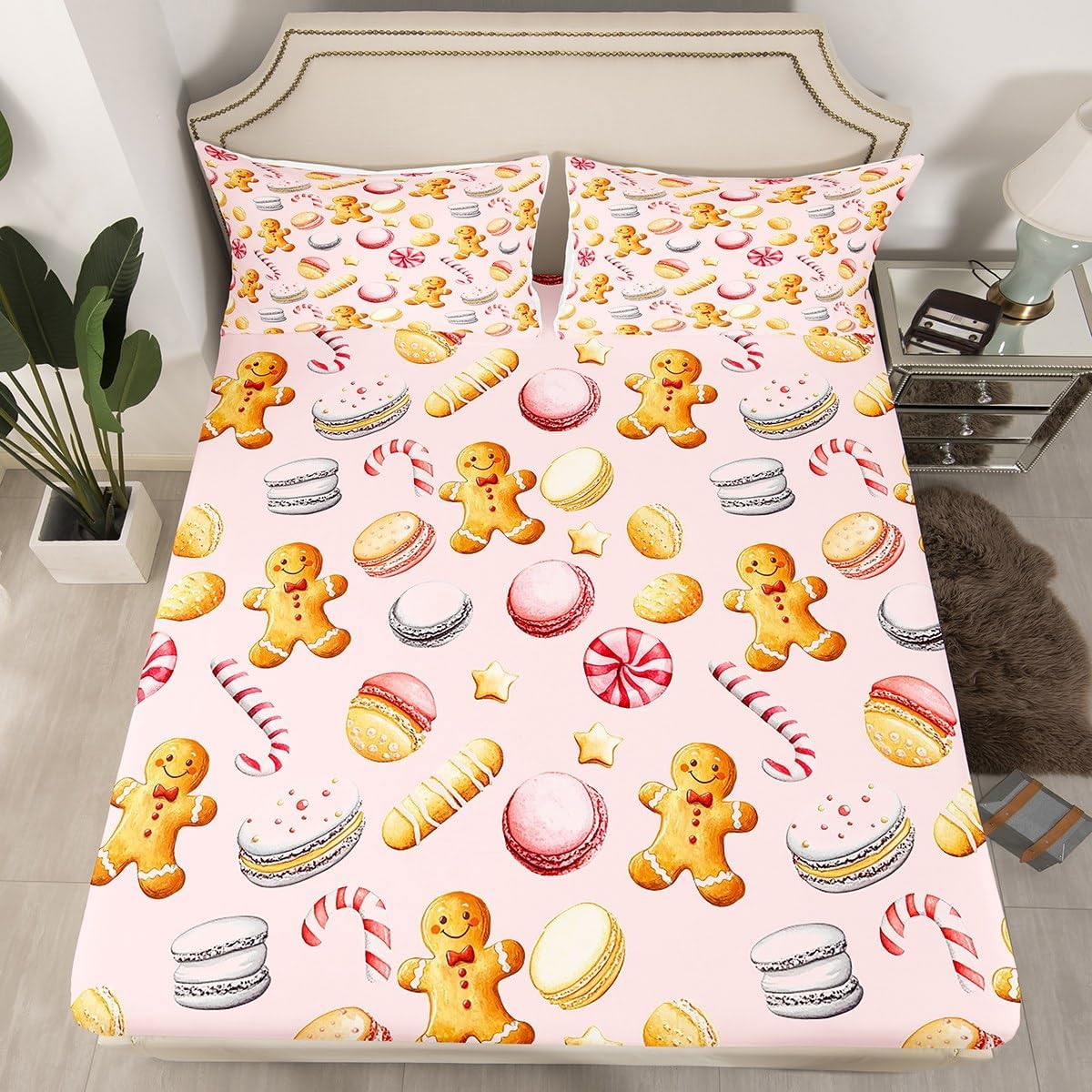 Feelyou Christmas Bed Sheets Set Full Size Cute Christmas Gingerbread Man Bed Set Xmas Sweet Macarons Deep Pocket Fitted Sheet Pink Breathable Soft Lightweight Microfiber, NO TOP Sheet