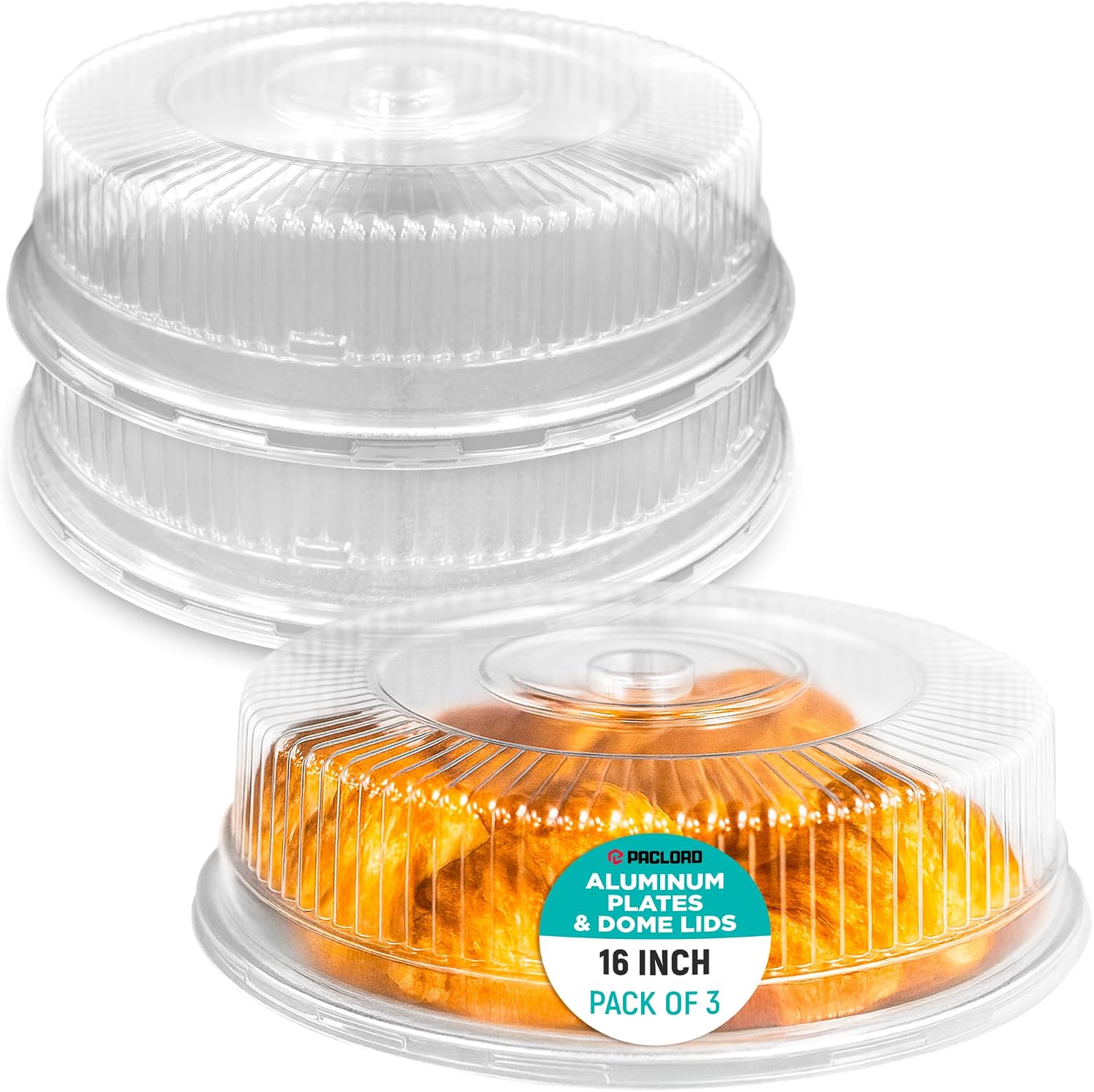 USA-Made Set of 3 Aluminum Round Serving Platters and 3 Plastic Dome Lids | 16" Embossed Foil Trays with Lids for Pizza, Cookies, Fruits, Cakes - Disposable Party Trays