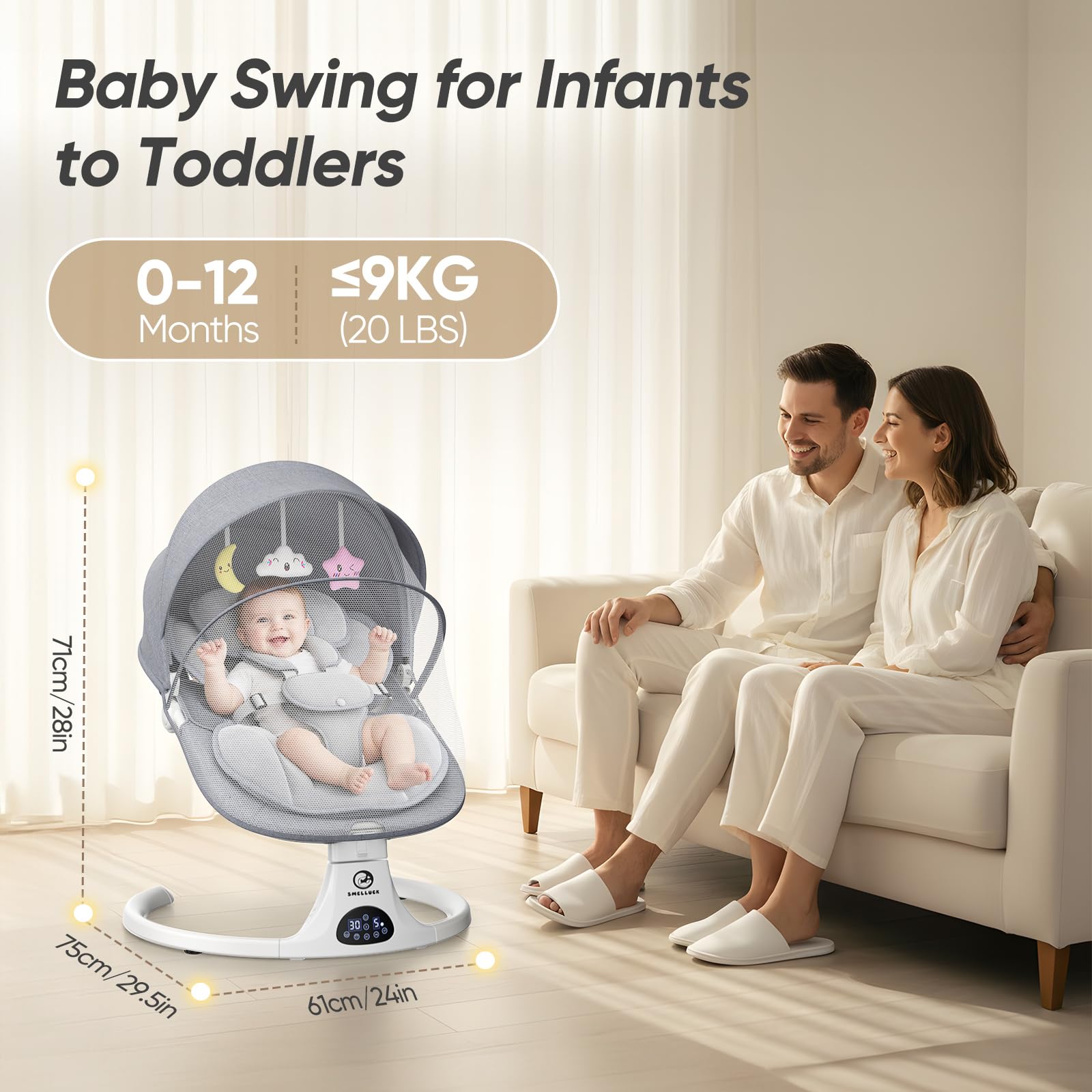 Balancelle Bébé Électrique avec Dossier Réglable sur 3 Positions | 5 vitesses, 12 mélodies apaisantes, minuterie 8/15/30 min, télécommande, coussin amovible, 3 alimentations