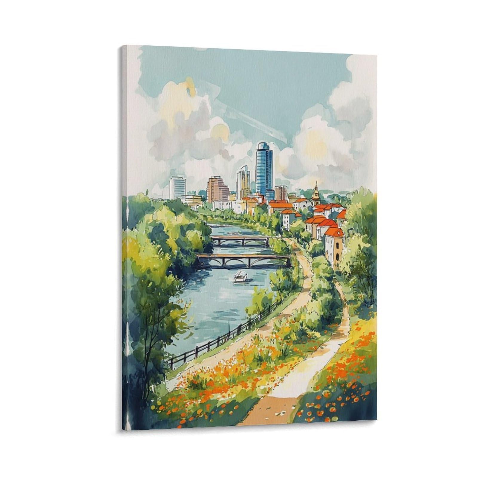 LCYNNH Austin Texas Skyline Watercolor Print Travel Poster 24x36inch(60x90cm) Print Home Bedroom Office Living Room Decor Canvas