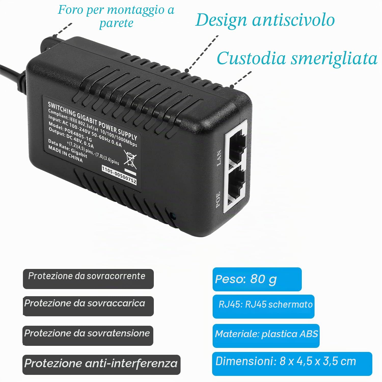 Revotech Iniettore Poe Gigabit 48V, Uscita Poe 48V/0,5A con Cavo UE, IEEE 802.3af/at Poe+ Passivo 10/100/1000Mbps, Distanze Fino a 100M, Adattatore Poe Plug And Play (POE4805-G)