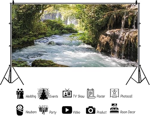 Miniatura 6 de Baocicco Fondos de vinilo de 15 x 10 pies para fotografía de fondo de montaña y paisaje acuático, hermosa cascada y río, árbol antiguo al aire