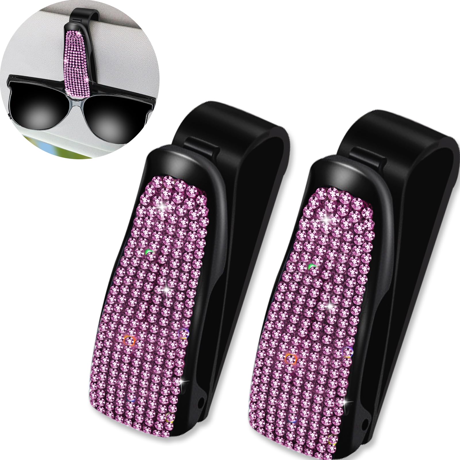 NATUTENT 2 Pack Bling Rhinestones Sunglass Holder for Car Sun Visor, Car Eyeglasses Sunglass Hanger Mount with Ticket Card Clip for Women Girls(Pink)