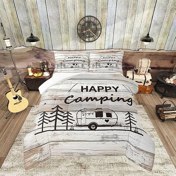 Castle Fairy Happy Camping Full Size Comforter Set White Wood Panels Bedding Set for Kids Adults Teens Country Style Comforter Luxury Camper Quilt Set Room Decor 3Pcs - 3