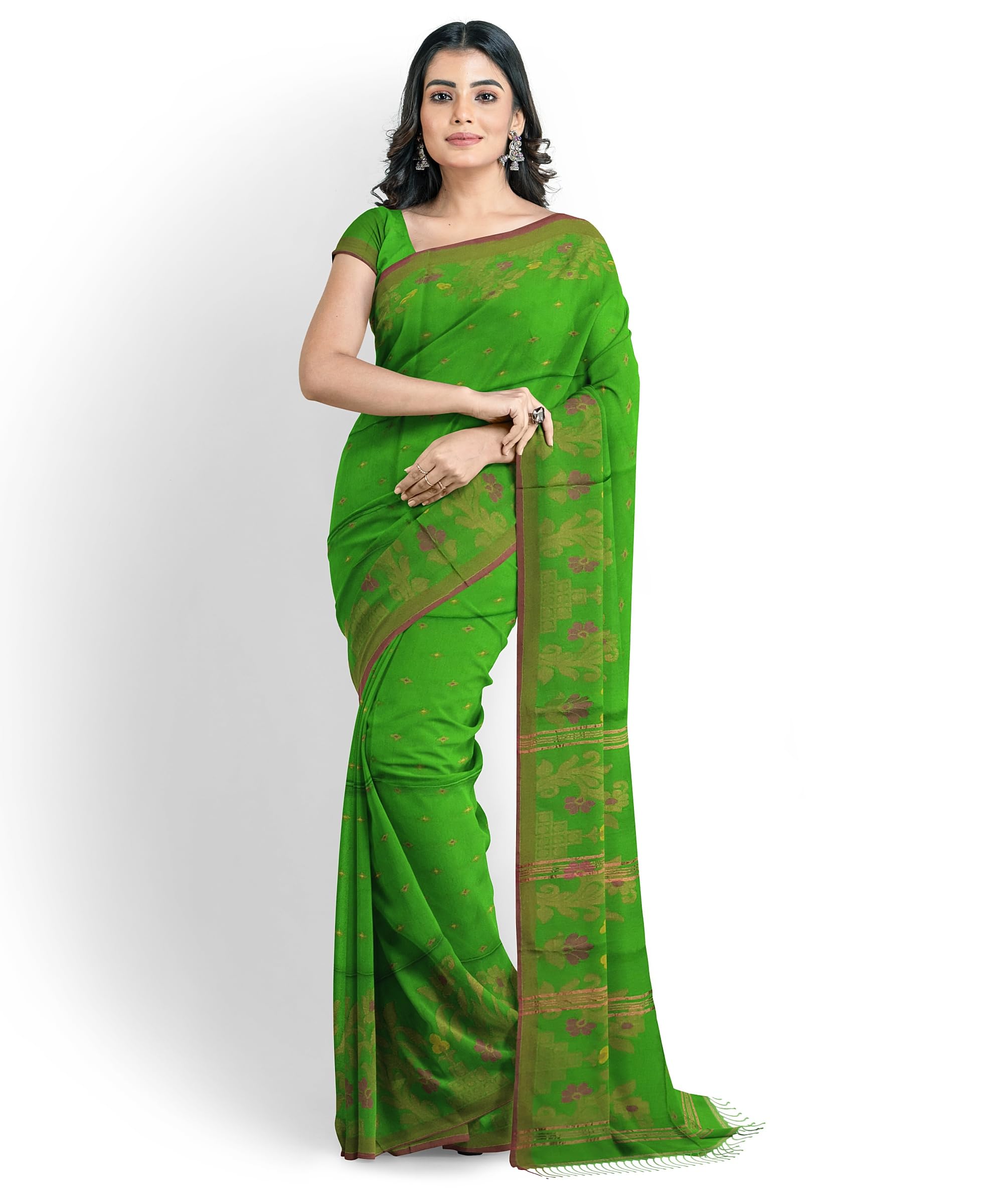 Women's Traditional Handloom Zari Work Lata Border Cotton Silk Saree With Blous Piece (Parrot Green)-image-18