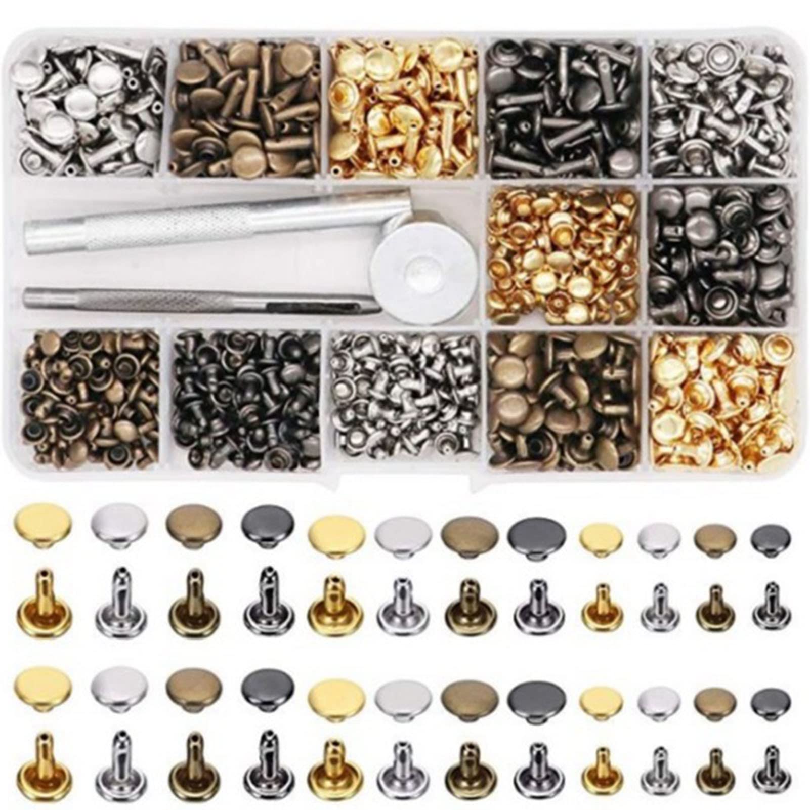 Set 480 Pz Rivetti Per Pelle A Doppio Tappo + Pinza - Misure 6/8/12 Mm - Colori Argento, Bronzo, Oro, Nero - Foto 2