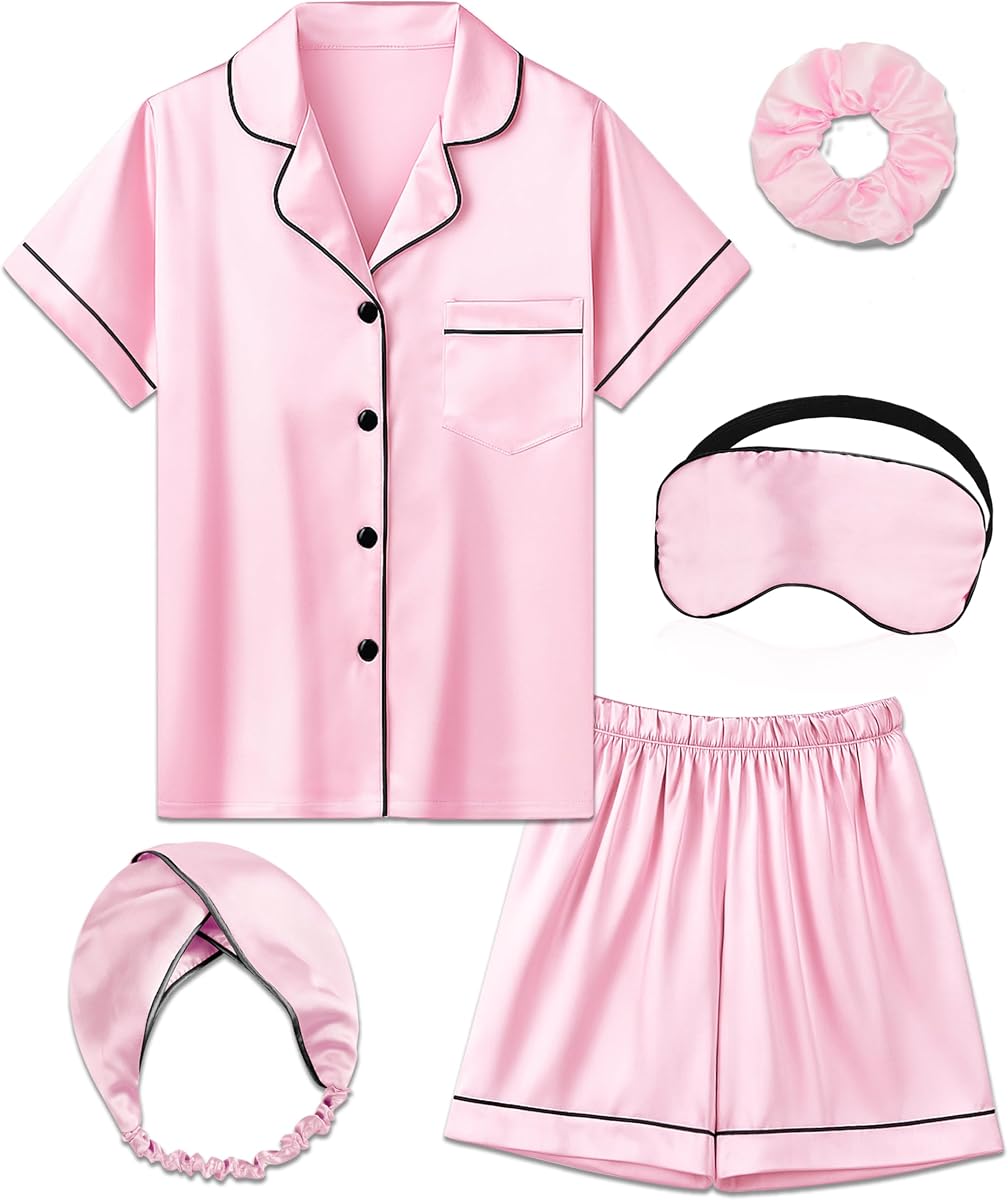 MORFORU Satin Pajamas Set Kid 2 Piece Silk Pajama for Girls Child Silk Pjs Button-down Sleepwear