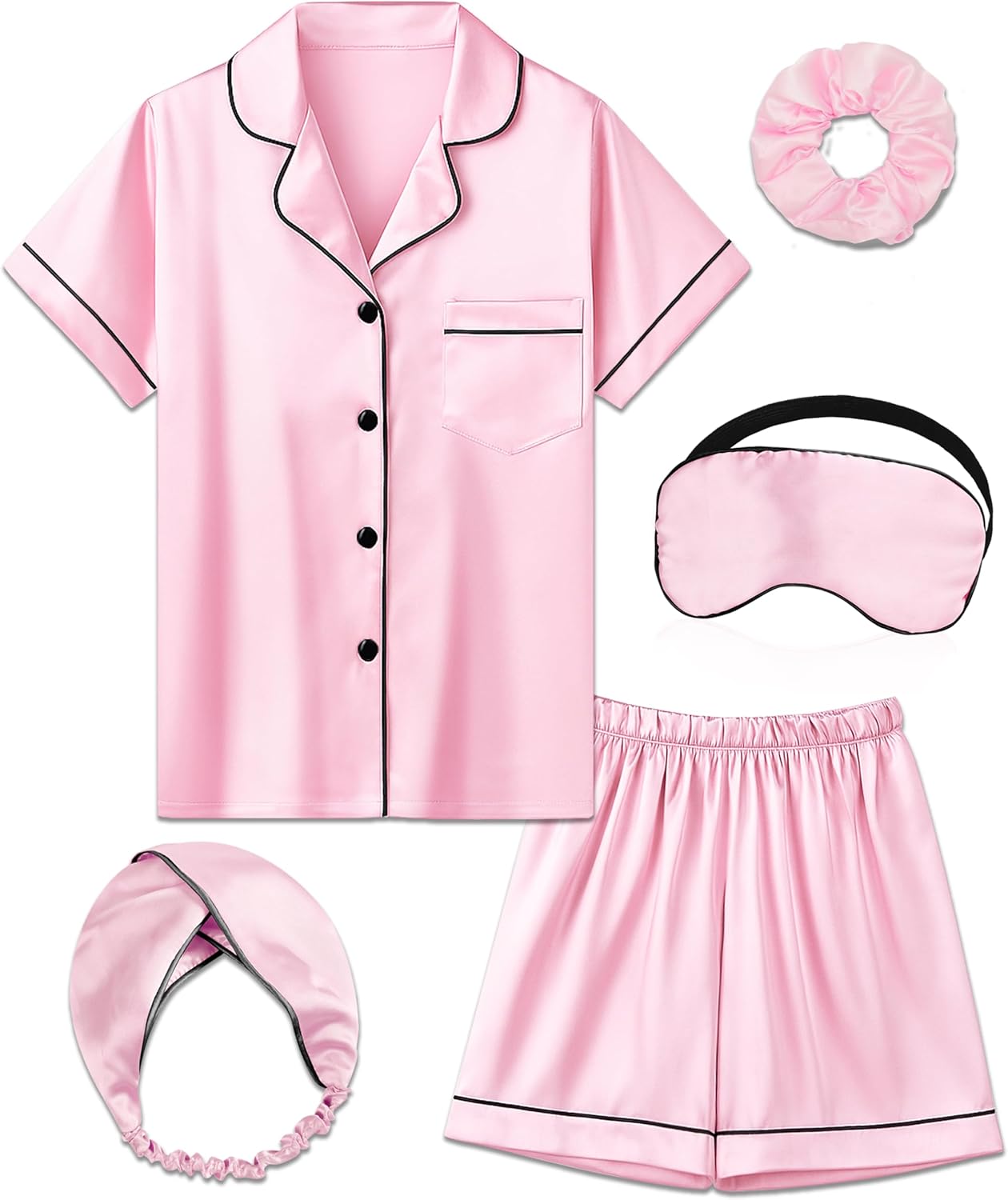MORFORU Satin Kid Short Pajamas Set 5 Piece Child Silk Pjs Button Sleepwear with Eye Mask, Hairband, Hair Ring