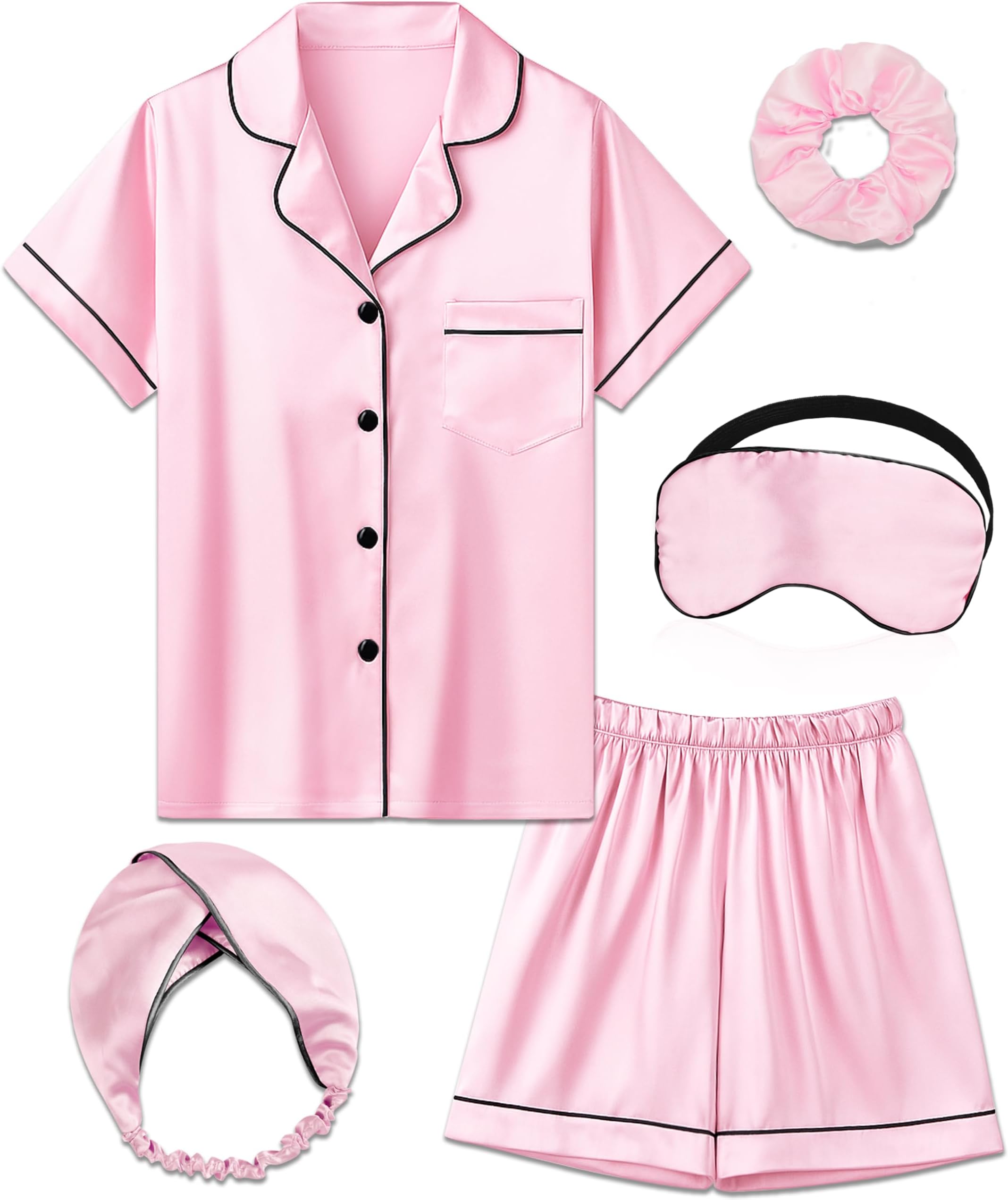 Satin Kid Short Pajamas Set 5 Piece Child Silk Pjs Button Sleepwear with Eye Mask, Hairhand, Hair Ring
