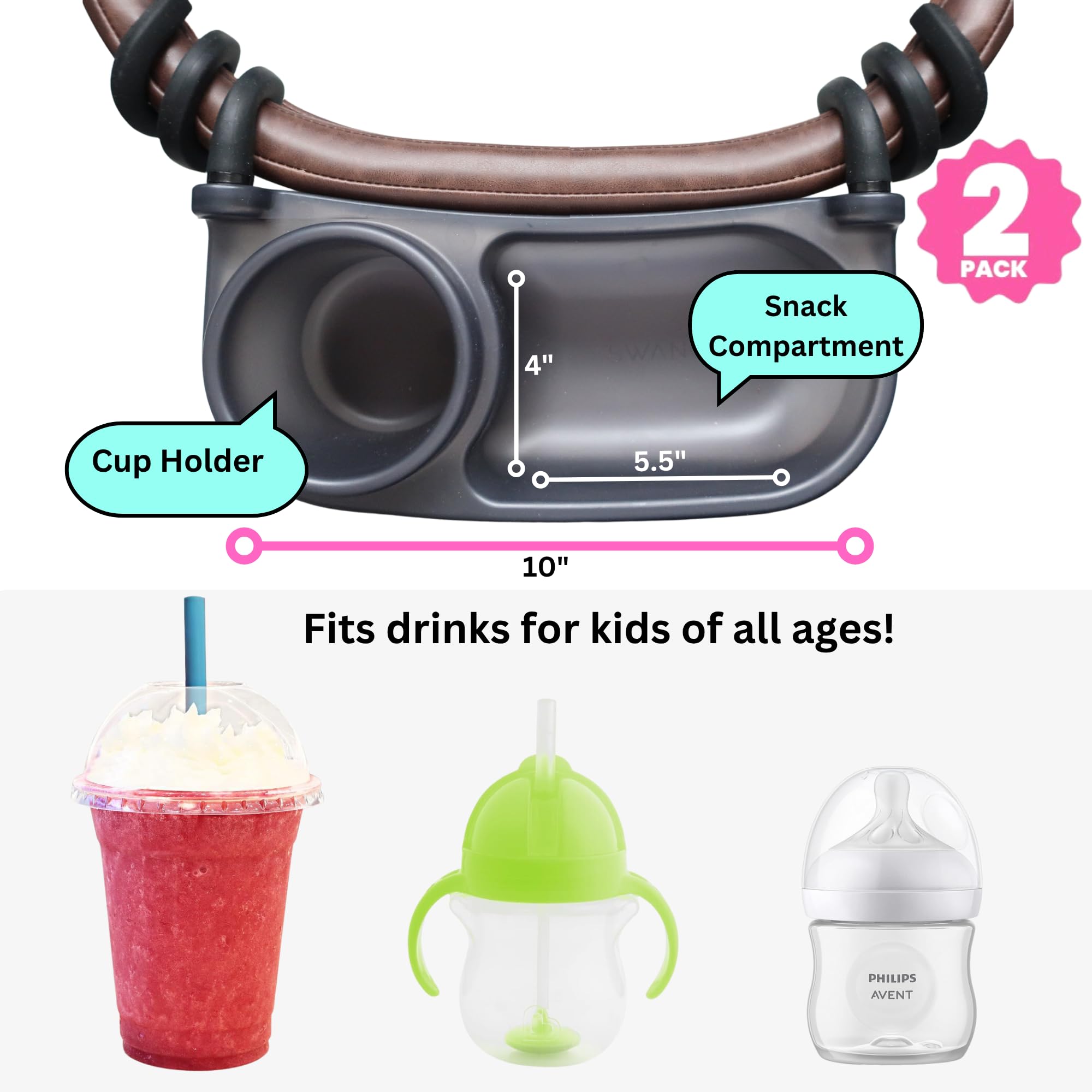 Swanoo Universelles Snack-Tablett für Kinderwagen, Getränkehalter für Kinderwagen, Silikon-Arme, Griffstange, bleibt an Ort und Stelle, Kinderwagen-Befestigung mit Becherhalter für Baby, Kleinkind
