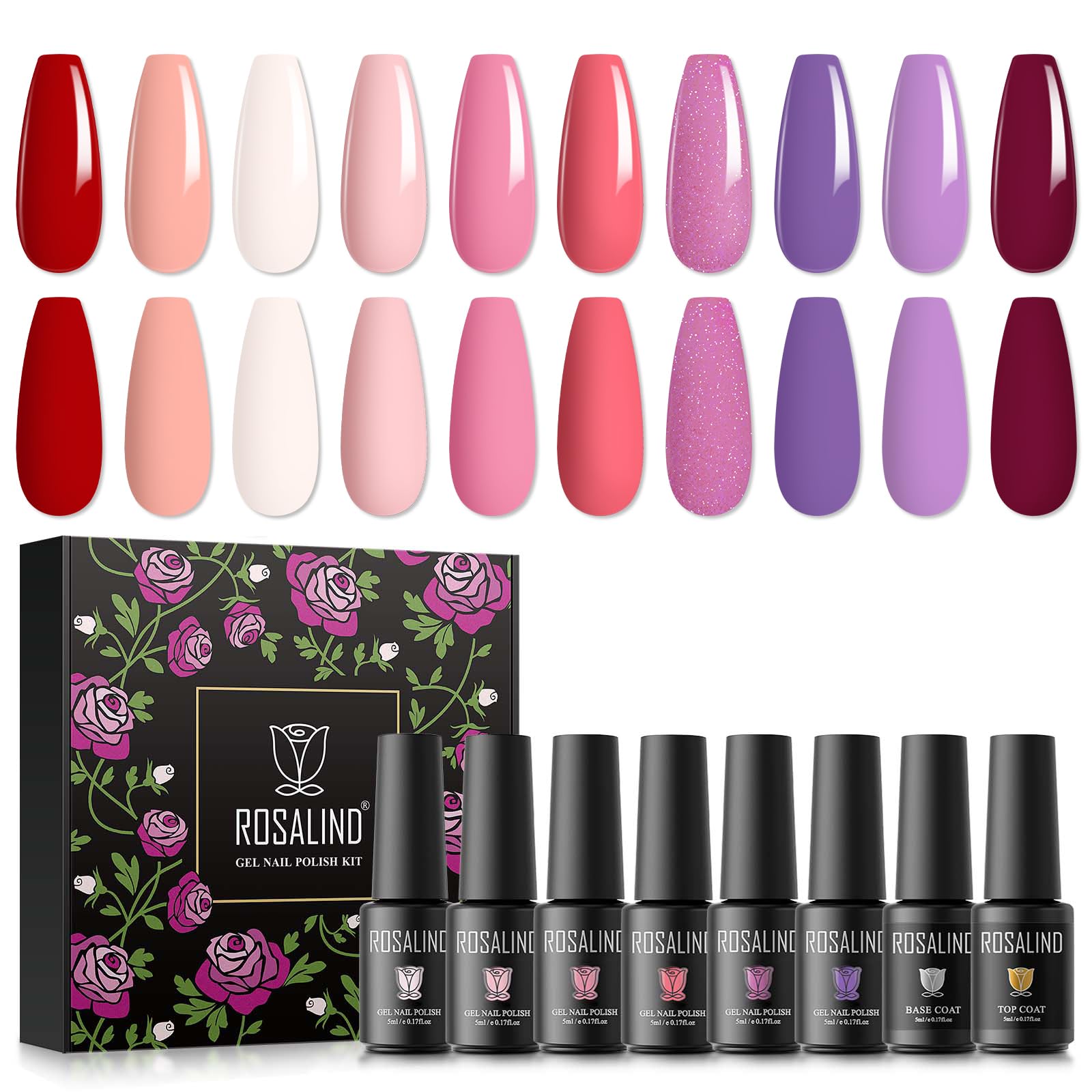 ROSALIND Esmaltes Semipermanentes para Uñas 12PCS con Base y Top Coat Semipermanente, Rosa Morado Rojo Desnudo 10 Colores Pintauñas Semipermanentes, UV Gel de Uñas Semipermanente Gel Nail Polish