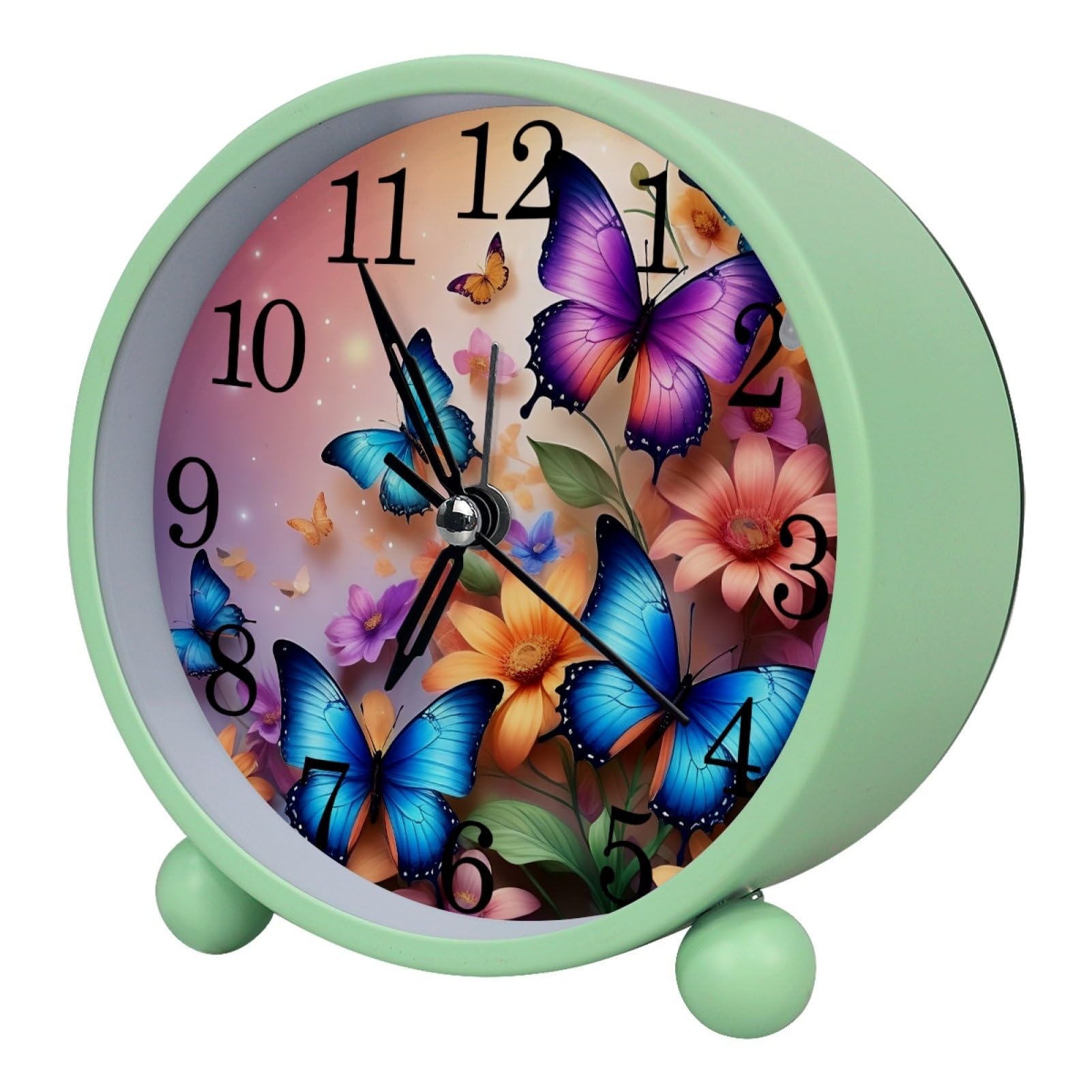 etoenbrc Colorful Butterflies and Wildflowers Round Battery Operated Bedside Alarm Clock Non-Ticking Desktop Silent Analog Alarm Clock with Light
