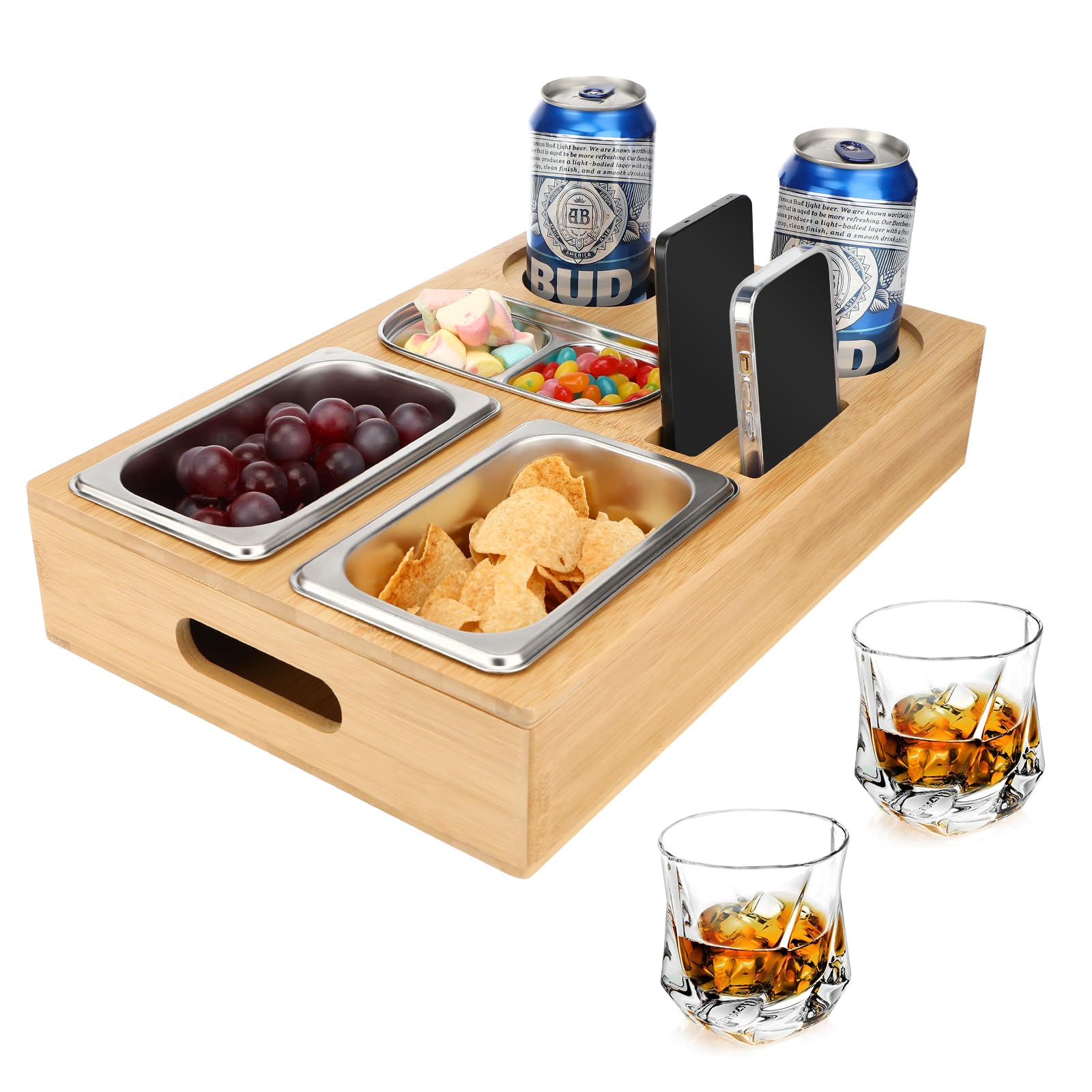 Sprifityy Couchbar Snackbox, Sofa Tablett, Mit Snackschalen Aus Edelstahl,mit Abnehmbarer Deckel, Snackbox mit Fächern, Couch Tablett, Sofaablage für Wohnzimmer Schlafzimmer Garten Camping