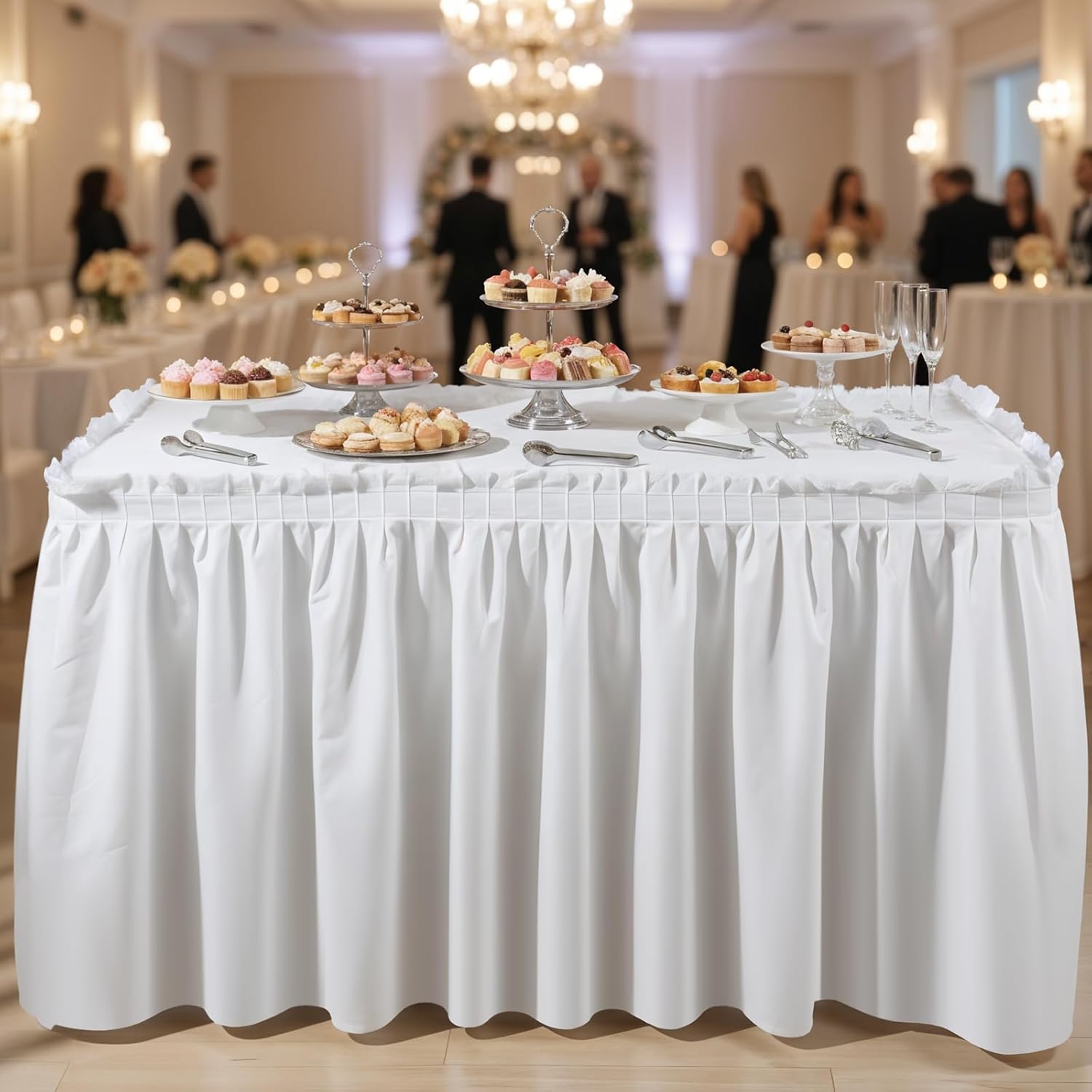 8 Pcs White Table Skirts and Stain Proof Table Cloths 168 x 29 Rectangle Fitted Tablecloth with Pleated Skirt 54 x 108 Plastic Tablecloth for Wedding Baby Shower Valentine (White)