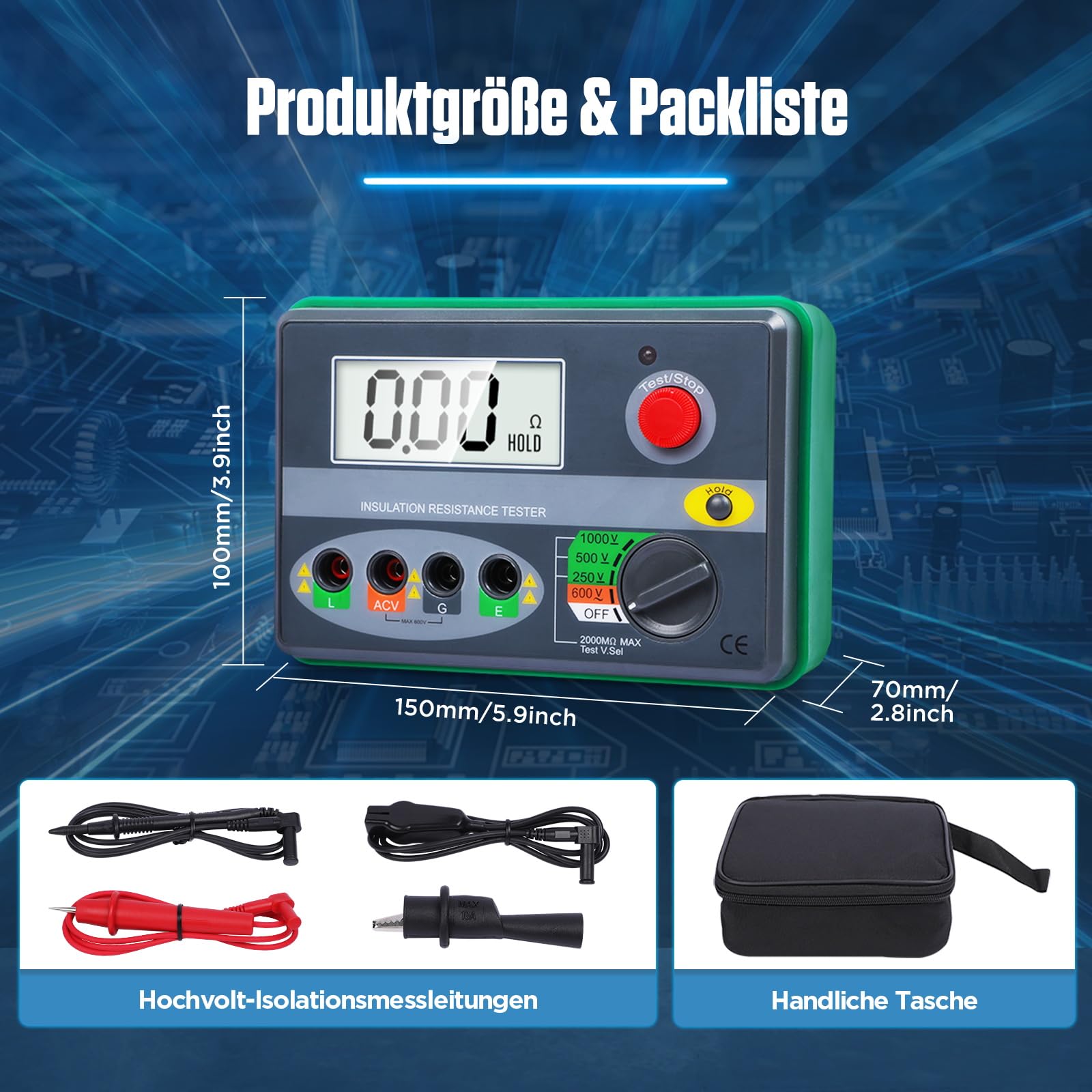 KAISAL Digital Insulation Resistance Tester 0.01M-2000MΩ Insulation Meter Isolationstester mit Messleitungen, Niederohmige Spitze Megaohmmeter DC 250V/500V/1000V Resistance Tester