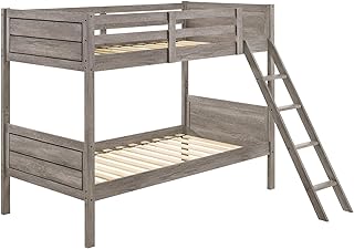 Benjara Twin Bunk Beds, Curved Headboards, Ladder, Straight Legs, Taupe, Bown Tuape