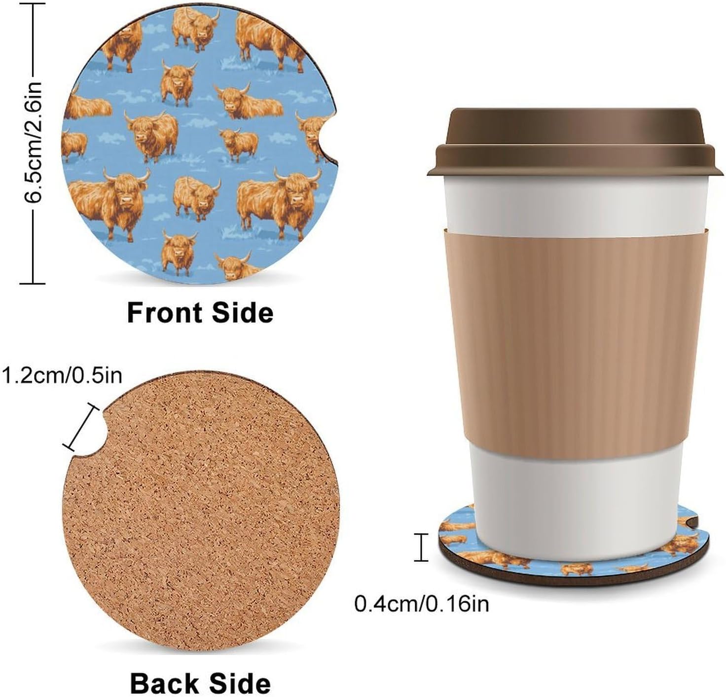 Highland Cows Pattern Cute Car Coasters 2.56 Inch Absorbent Cup Holder for Drinks Auto Interior Accessories