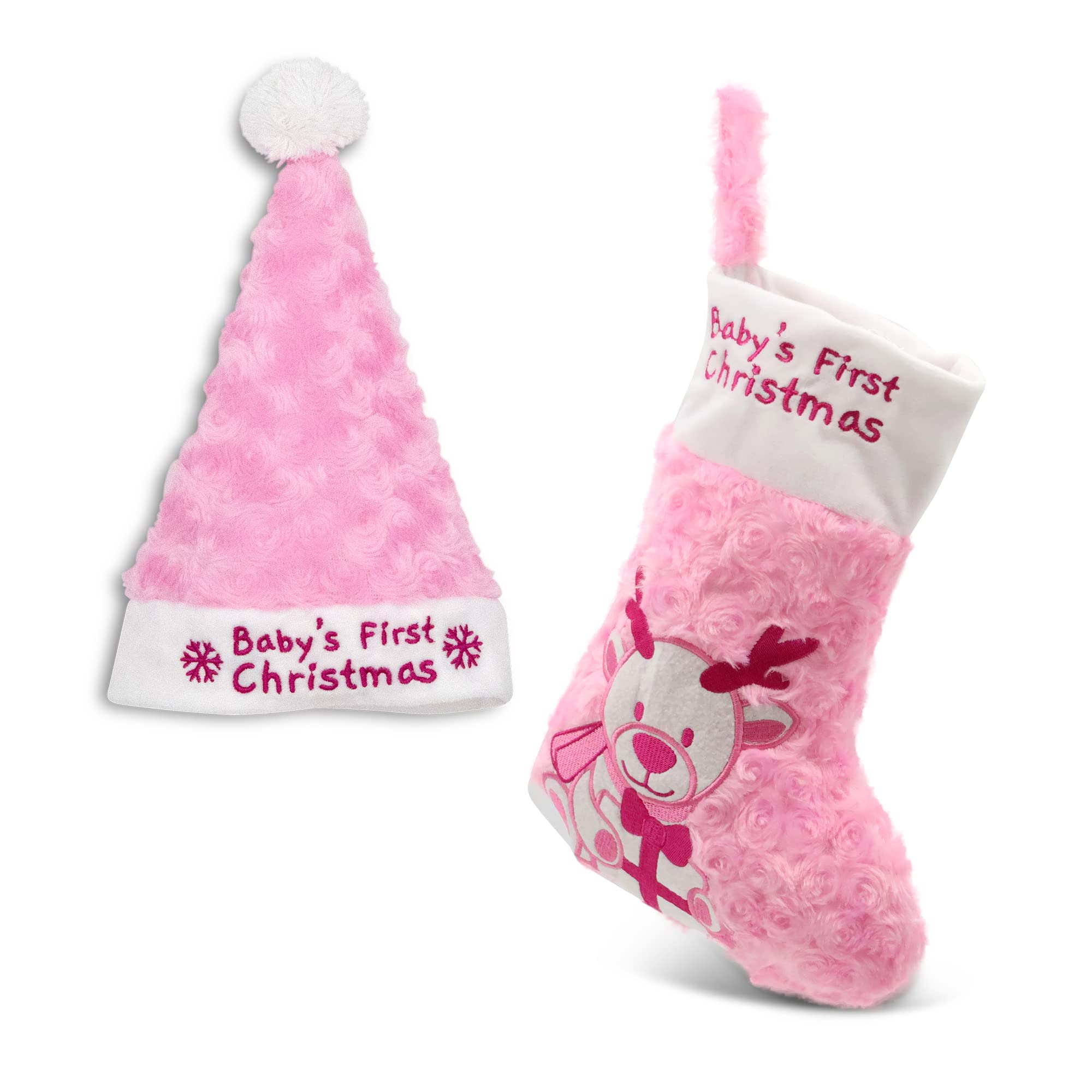 PLUSHIBLE BRIDGING MILES WITH SMILES Baby's First Christmas Stocking - Stockings for Baby Boy and Girl - Babies 1st Christmas Stocking & Matching Santa Hat Set - Embroidered - Pink, One Size