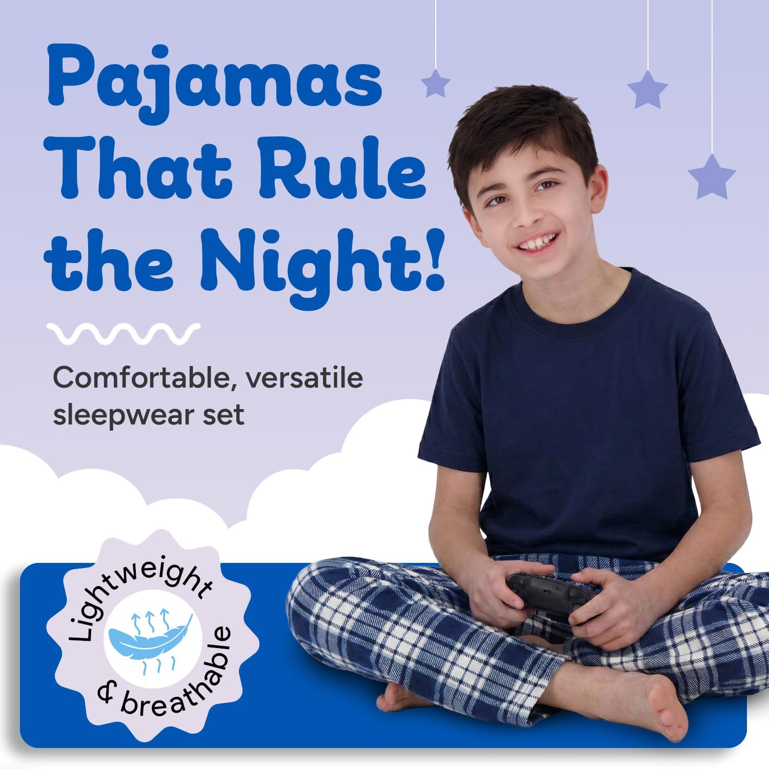 US Angels Boys Pajamas Set | 3-Piece Pant, Shirt, Shorts Sleepwear Pjs for Kids | Loose Fit, Soft, Breathable Blue Plaid - Image 2