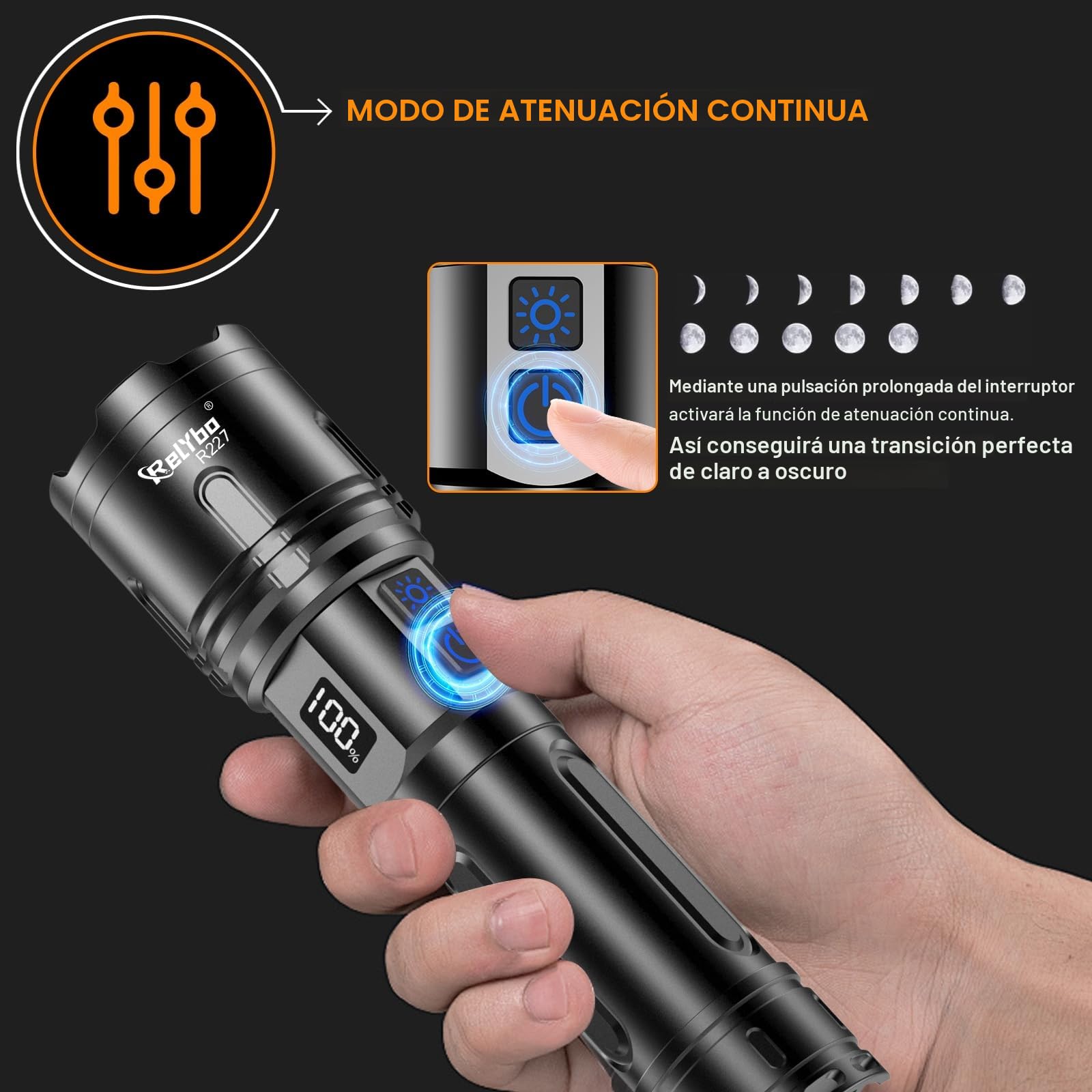 Relybo Linternas LED Alta Potencia 1,000,000 Lumen, XHM90.2 Linterna LED Recargable, Linterna Potente Tactica Pilas, 2 Interruptores VariacióN Infinita Linterna Tactica Para Emergencia Camping