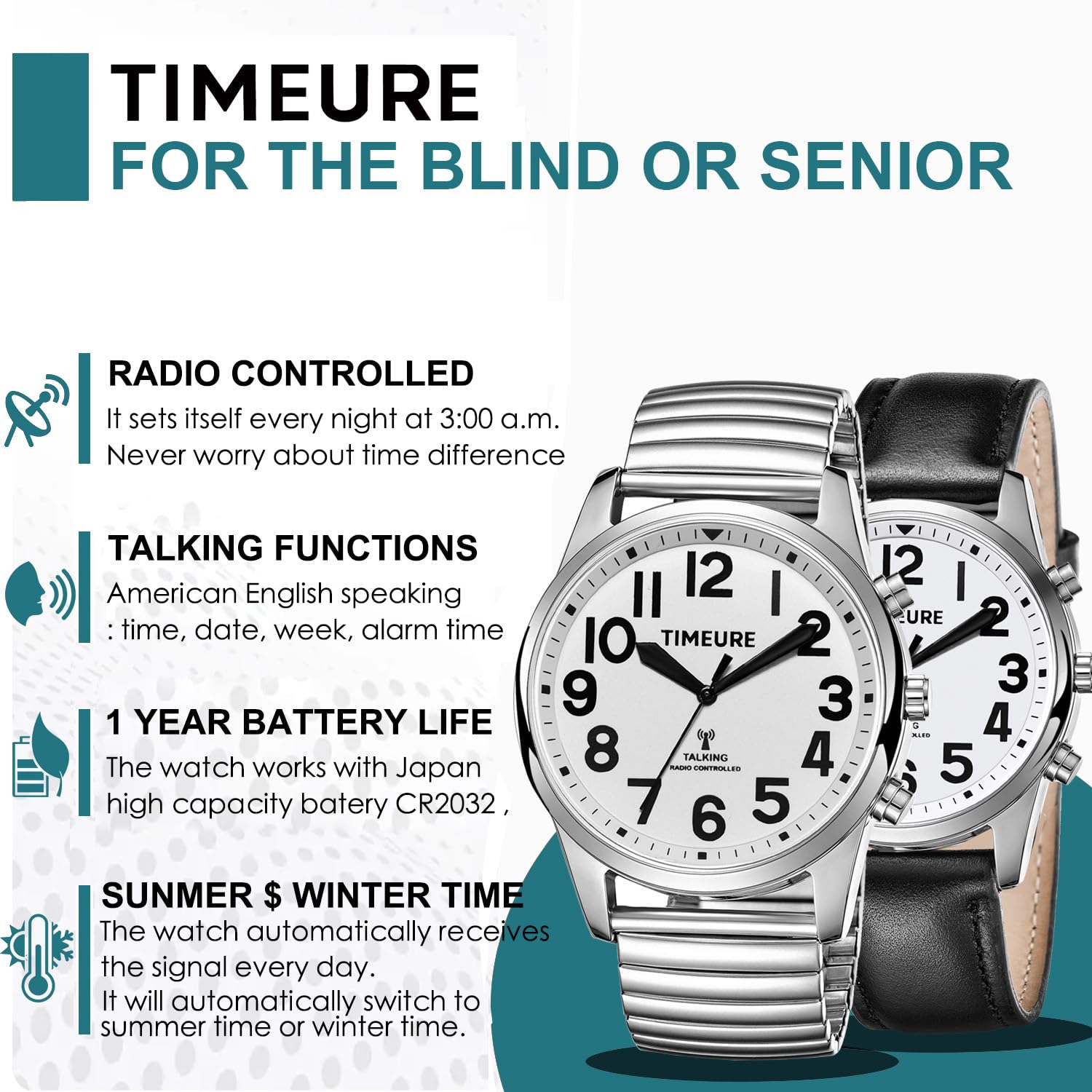 Timure-2211 - Reloj parlante con números jumbo autoajustables para atar, personas mayores, discapacitados visuales o ancianos, Timure-2211