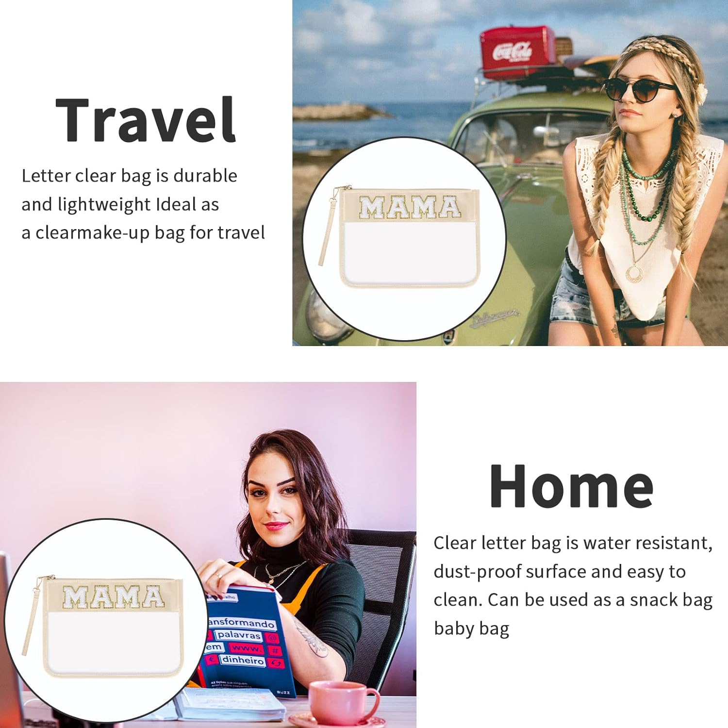 Iqimott Chenille Clear Letter Mama Bag Flat Pouch, Monogram Glitter Letter Patch Makeup Cosmetic Bag Zipper Toiletry Pouch, Portable Travel Beach Snack Wristlet Bags for Women Girls(Mama, Beige) - Image 6