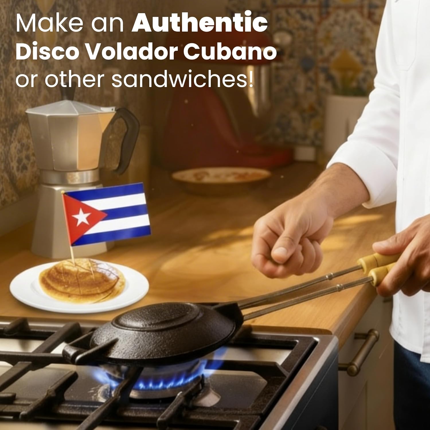Cast Iron Sandwich Maker with Swappable Handles (10" & 15") also Ideal as Disquera De Pan Cubano Redondo | High Quality Hobo Pie Maker for Camping to Make Tasty Sandwiches