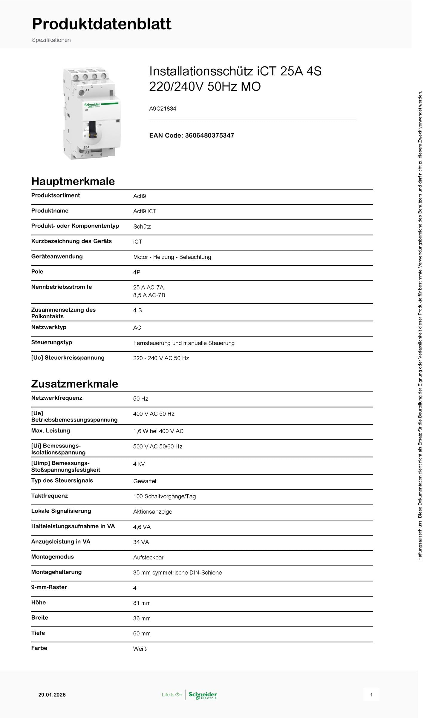 Schneider Electric iCT MAN 25A 4NA 230/240Vca Blanc