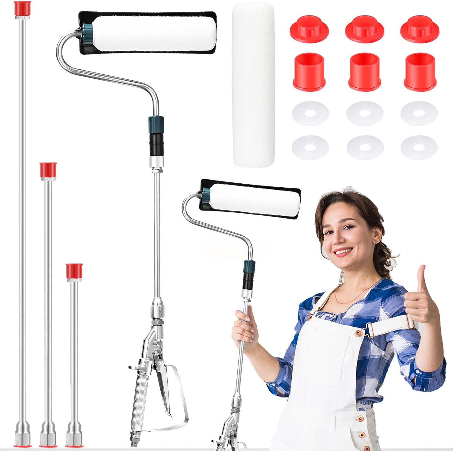 7 Pcs Airless Paint Sprayer Roller Inner Feed Set for High Pressure Airless Spray Gun with Wall Brush Self Priming Paint Roller 11.8 19.7 29.5 Extension Pole