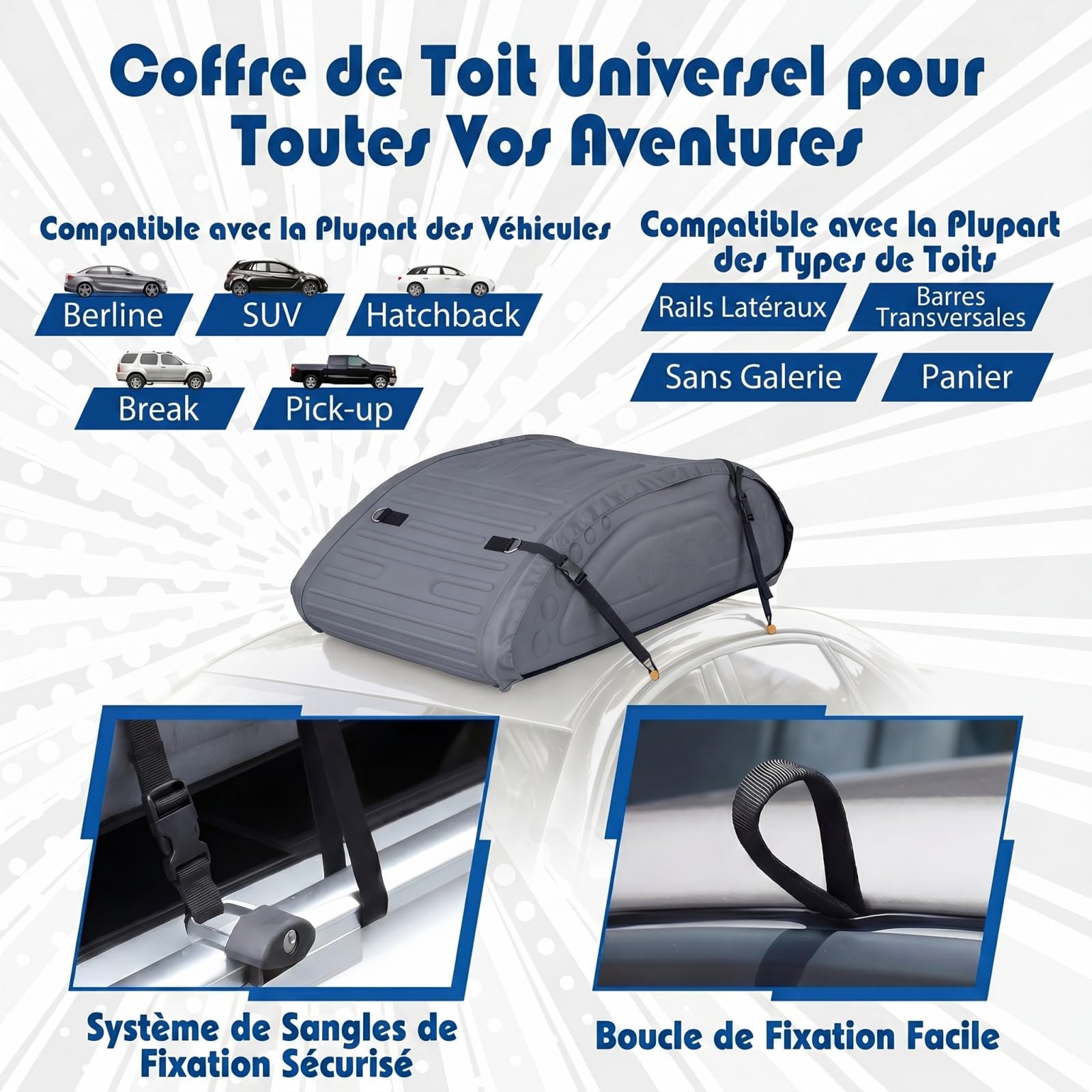 SOARS Coffre de Toit Voiture Pliable, Porte-Bagage Imperméable en PE Mousse 400 L, Coffre de Toit Souple avec 4 Sangles, Sac de Transport, pour Camionnettes, SUV, Camping-Car, 115 X 60 X 35 CM (Gris)
