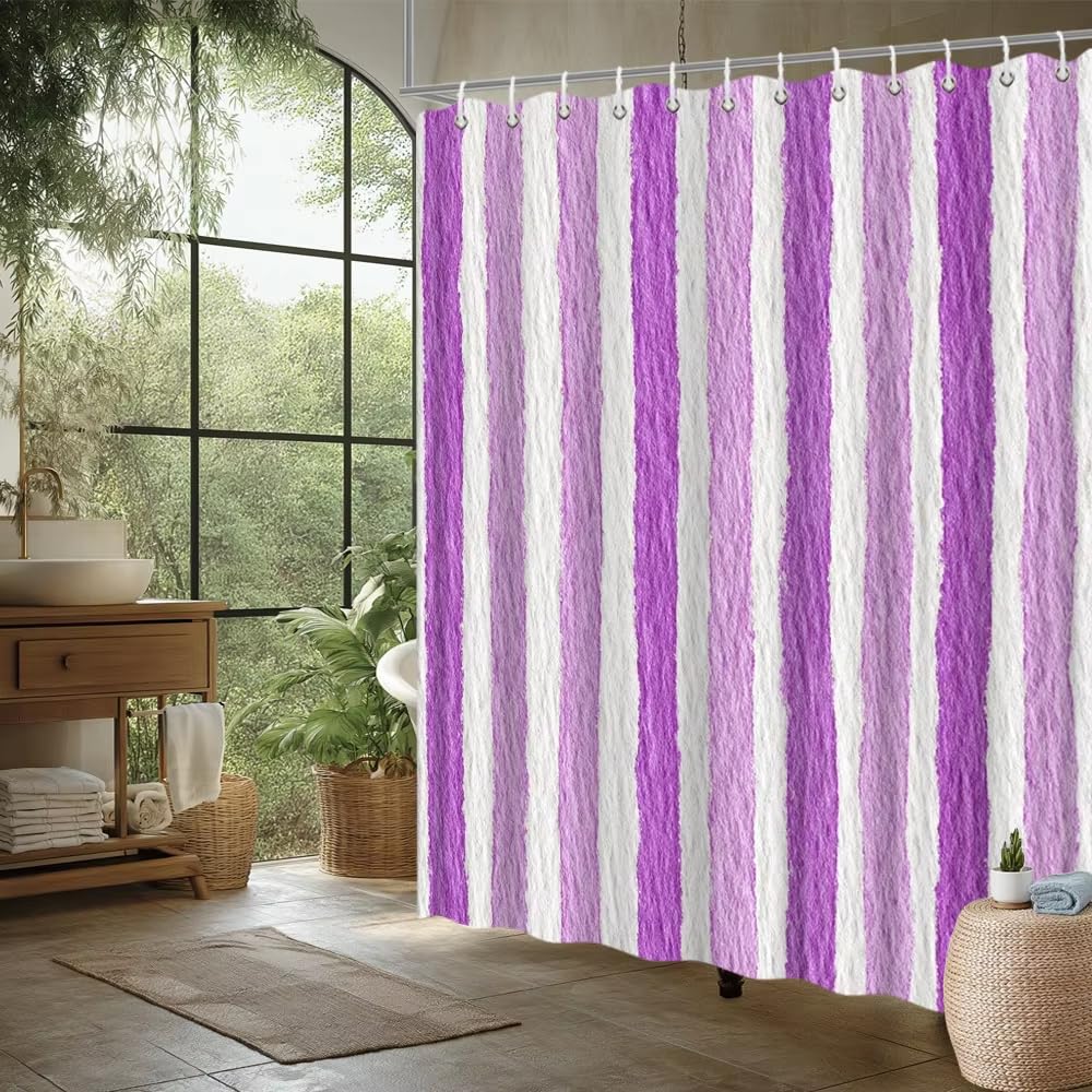 Rideau de douche violet et blanc à rayures 140x210 cm avec crochets