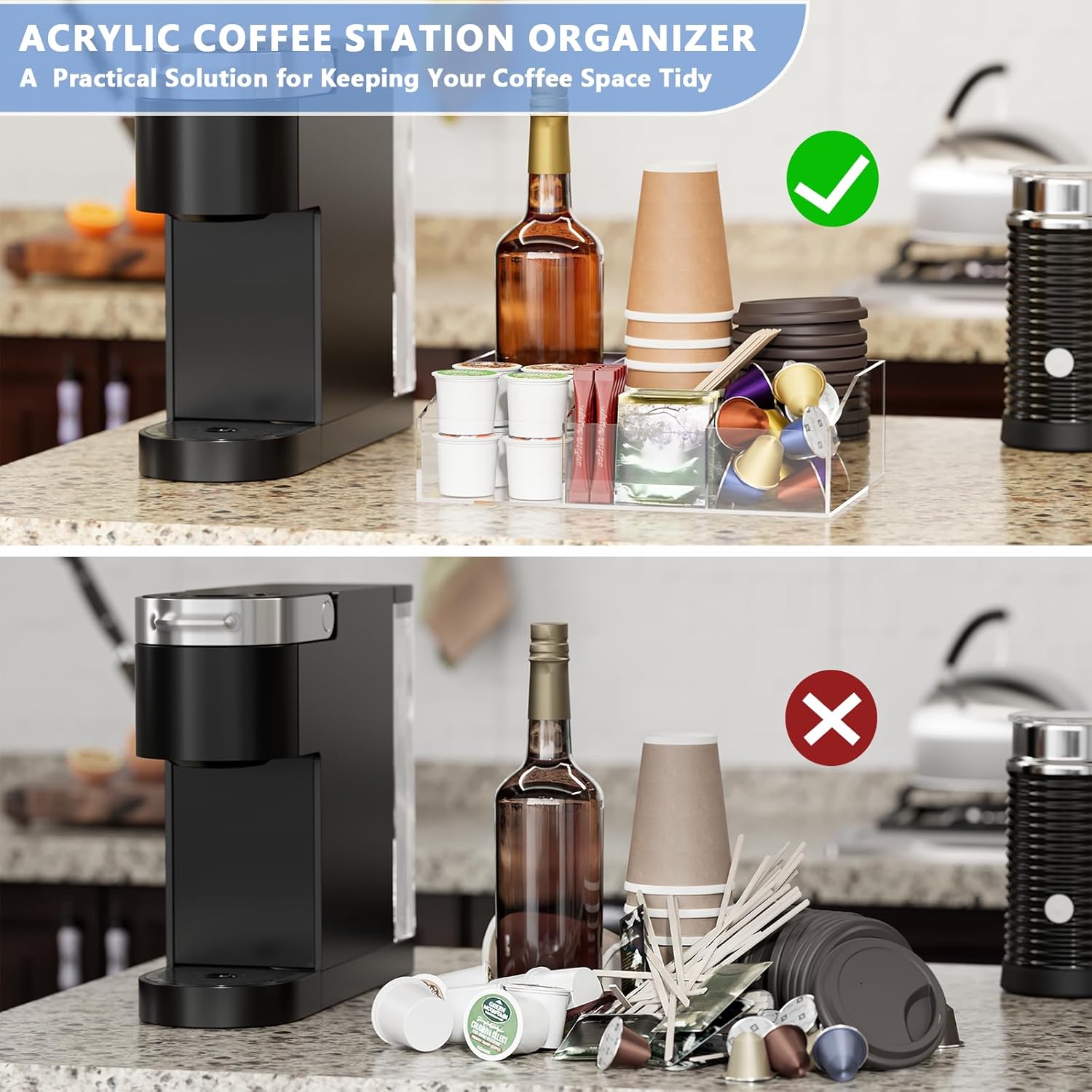 Neatsure Coffee Bar Station Organizer, Acrylic Countertop Holder for Pod Cup Condiment Stirrers Snack Tea, Bar Accessories, Decor and Essentials, Gift for Coffee Lovers, Clear
