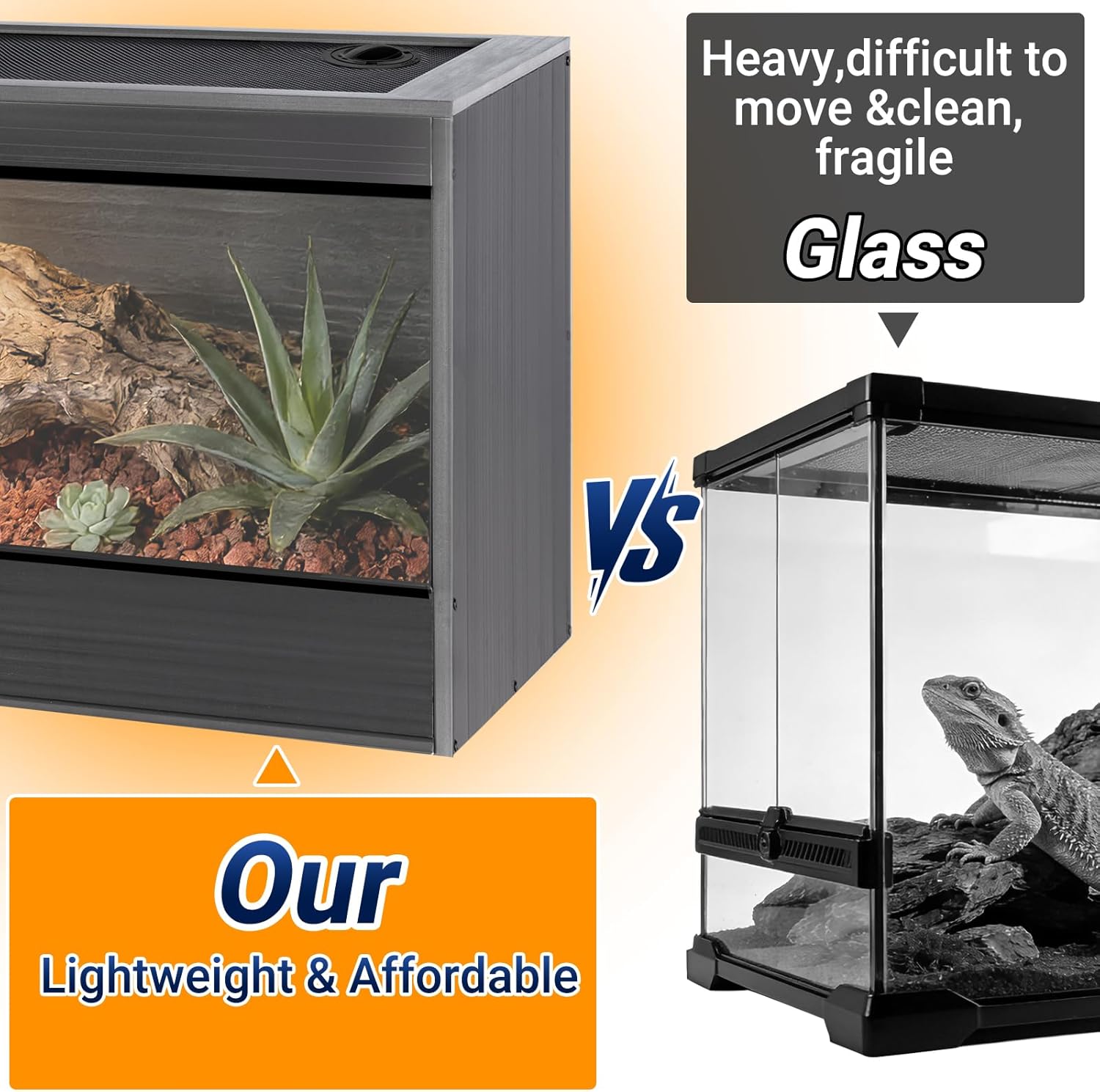 68 Gallon Reptile Enclosure, 48x18x18“ PVC Reptile Tank Terrarium, 48" Wide Large Lightweight Eco Reptile Habitat Lounge for Ball Python Bearded Dragon Gecko Turtle