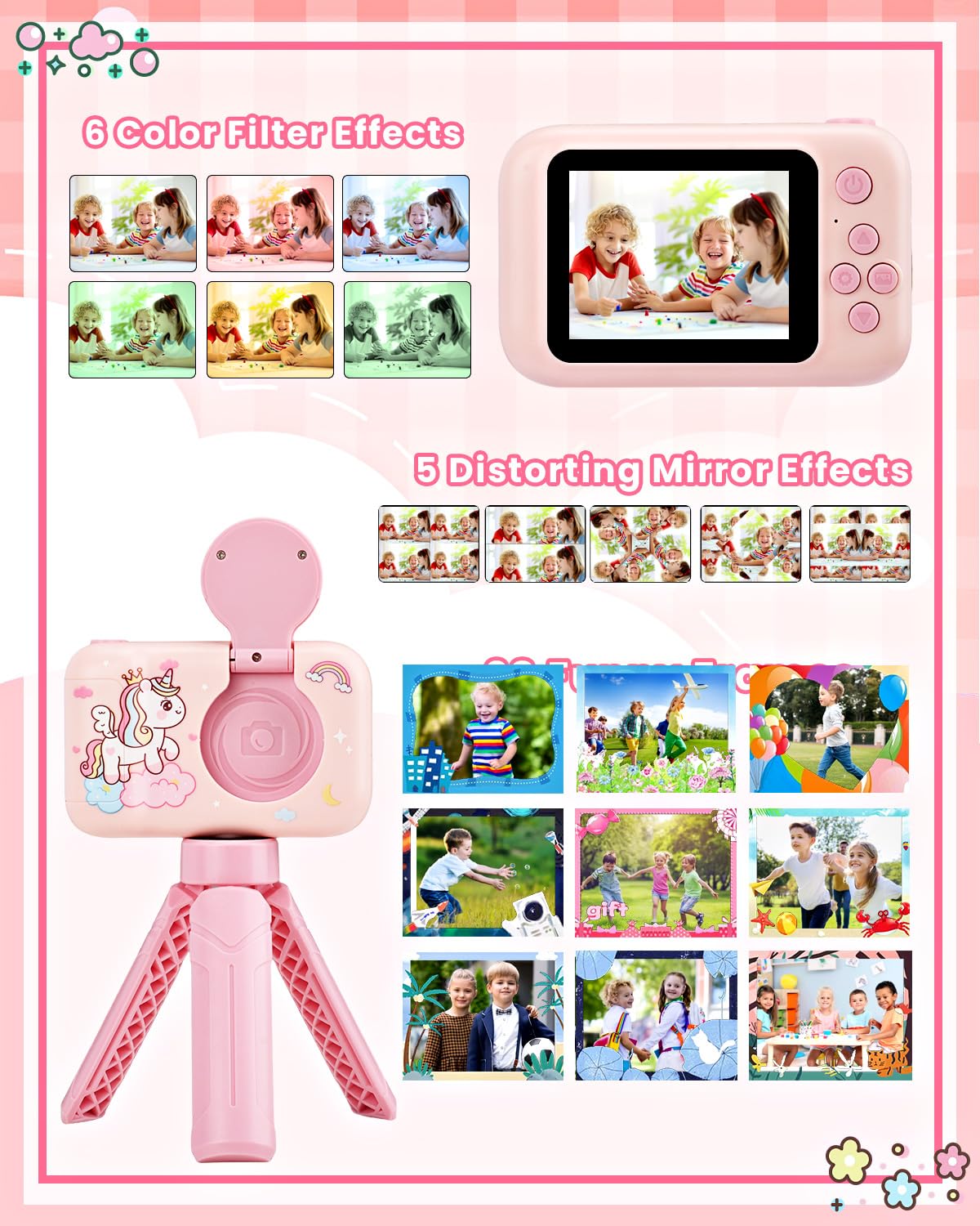 Fotocamera per Bambini con Treppiede, Macchina Fotografica Digitale Unicorno per Ragazze e Ragazzi 3-10 Anni, 1080P, Display IPS 2.4", Obiettivo Rotante 180°, Scheda 32GB, Regalo Natale o Compleanno