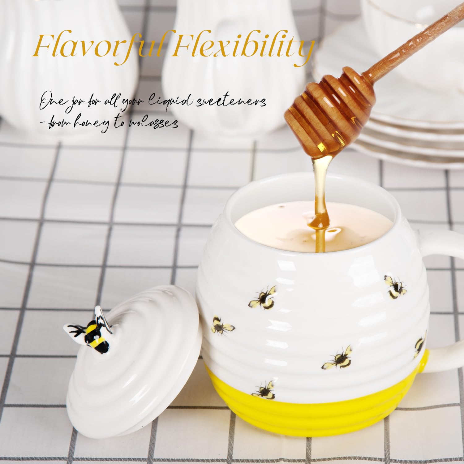Olla de miel de abeja y rociador, tarro de miel de cerámica con cuchara, tarro de almacenamiento de miel de porcelana en diseño de colmena de abeja con tapa para uso doméstico y cocina