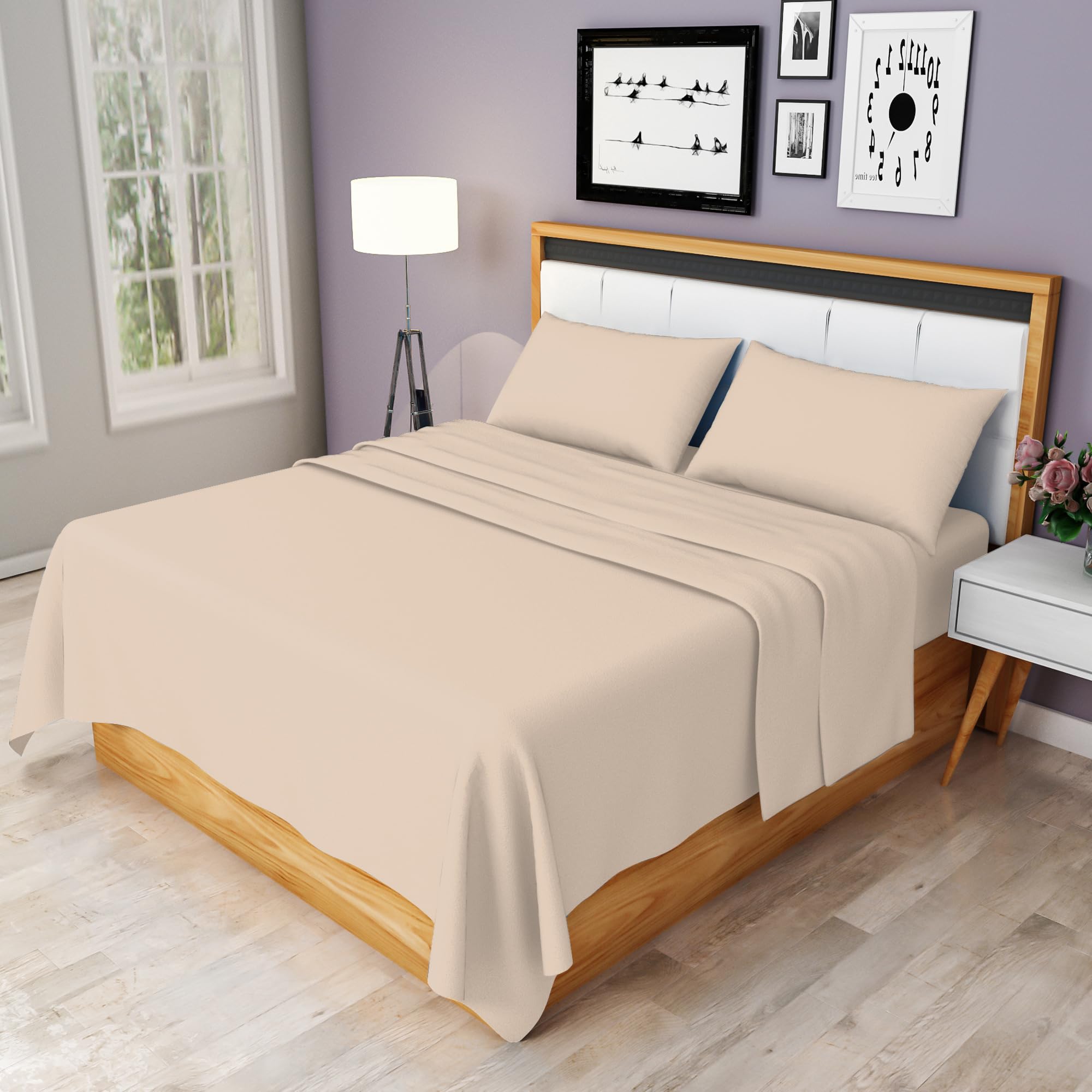 HOME ACE Latte Super King Bed Sheet Set - Easy Care 4 Pieces Poly Cotton Sheet Set Super King Size (Flat Sheet + Fitted Sheet + 2 Pillowcases) - Soft Wrinkle Resistant Bedding Set