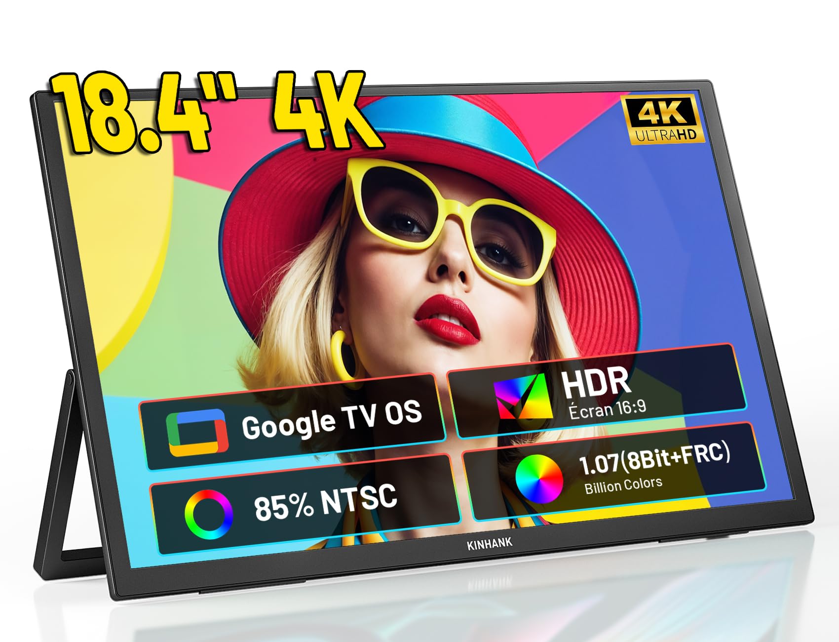 Monitor Portátil 4K 18”, 3840×2160 UHD, con Sistema GTV OS y Soporte, HDR, 85% NTSC, USB-C y HDMI, Pantalla Externa para Portátil/PC/PS5/PS4/Xbo/Teléfono/Consolas de Juego, Compatible con Montaje VESA