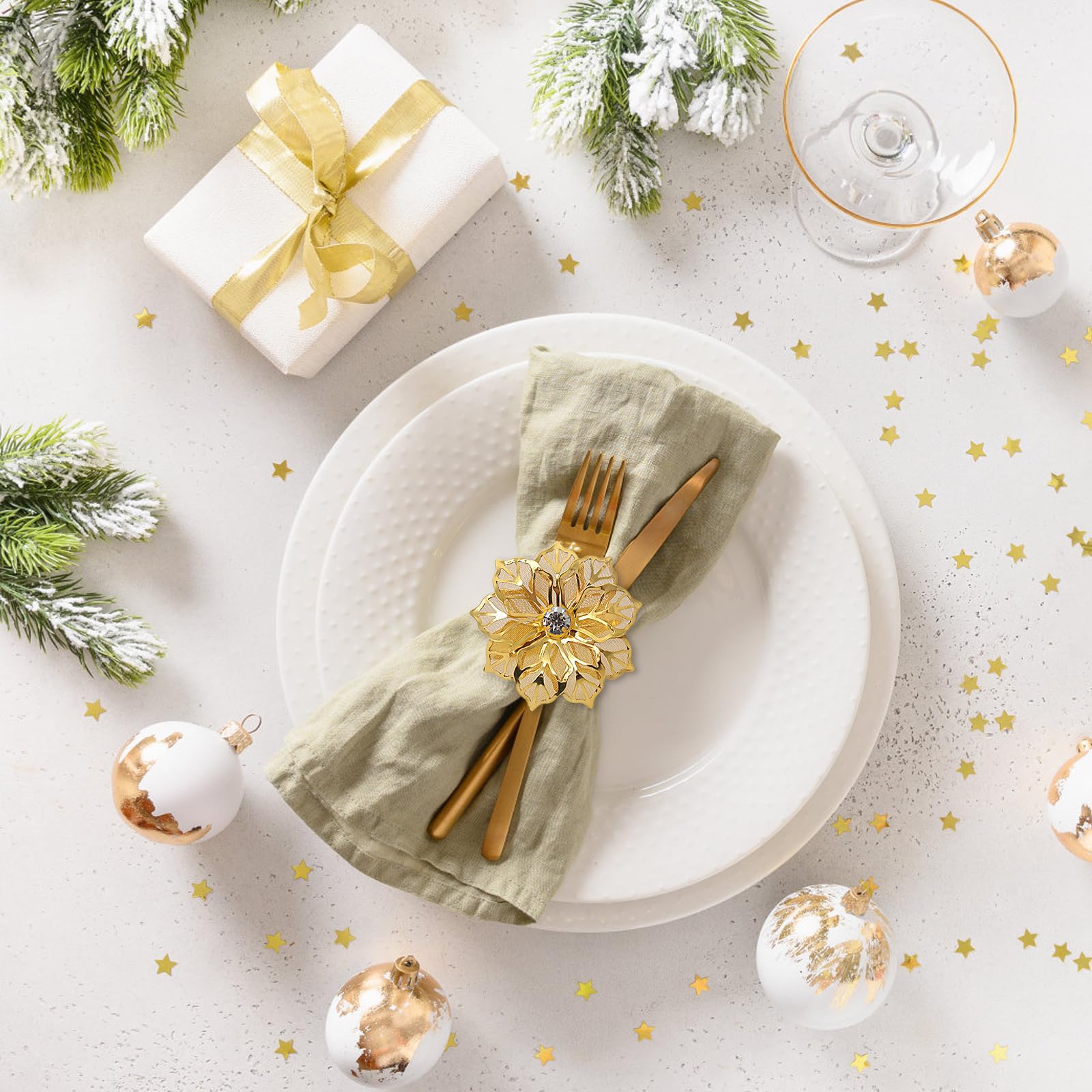 LARDUX 12 PCS Napkin Rings-Hollow Out Floral Exquisite Alloy Napkin Ring Holders for Wedding Christmas Thanksgiving Holiday Banquet Dinner Table Serviette Buckles Decor Favor-Gold - Image 2