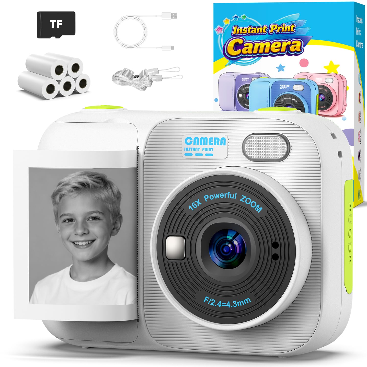 Kids Instant Print Camera, 1080P HD Dual Lens Camera, Rechargeable Portable Toddler Selfie Camera, Christmas Birthday Gift for Boys Girls Age 3-12