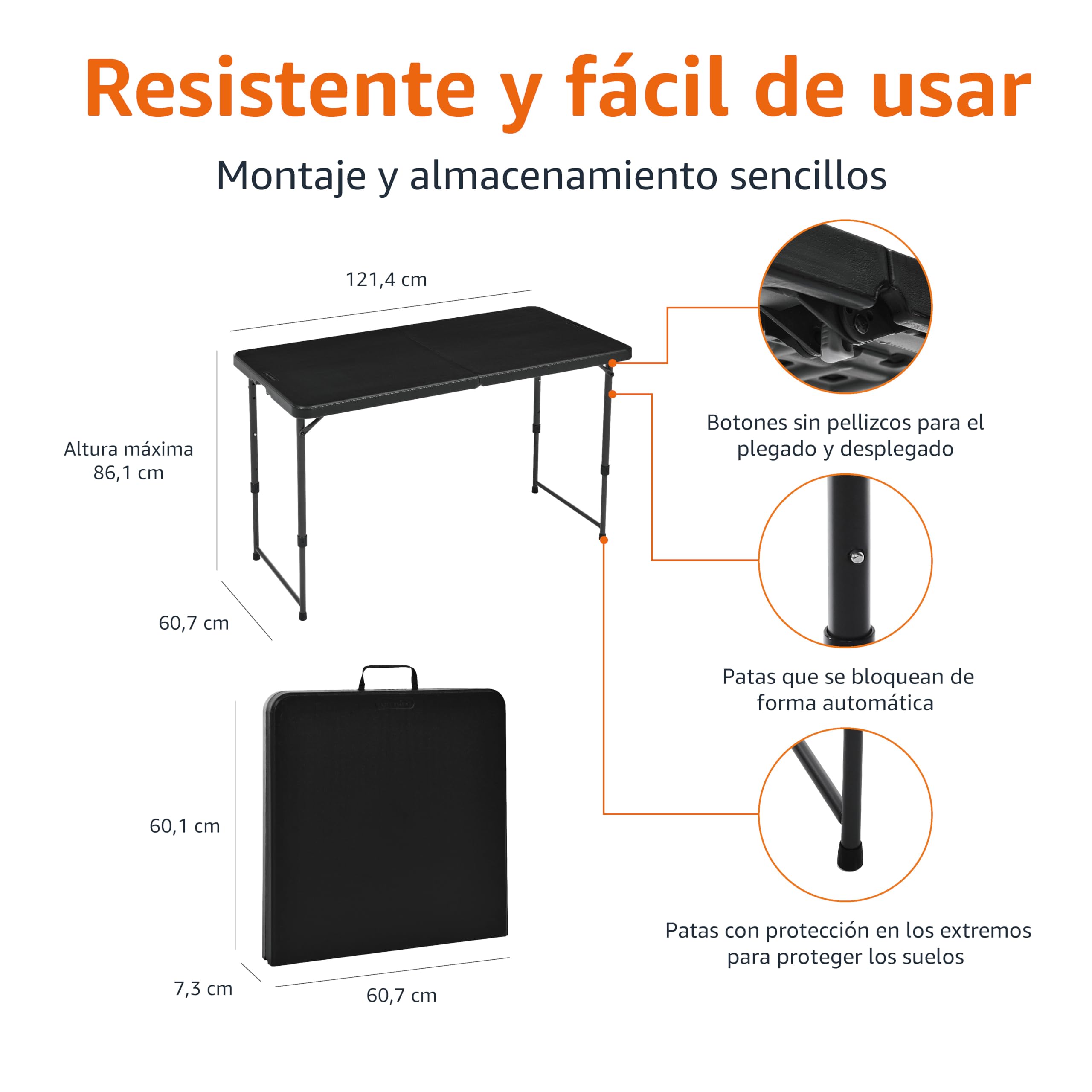 Amazon Basics Mesa Plegable Rectangular de 1.2 m, 4 ajustes de Altura, asa de Transporte, Interiores y Exteriores, portátil, Ligera, de Viaje, Picnic, Camping, Negro Lavado, 121.4 x 60.7 x 86.1 cm