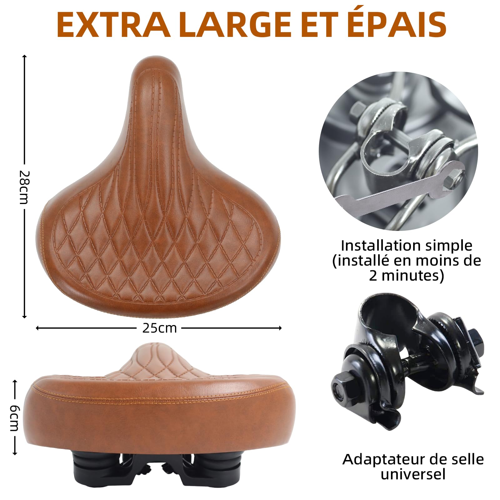 Selle de vélo universelle large et confortable - Selle rétro unisexe adaptée aux vélos de montagne, vélos de ville, vélos électriques, marron