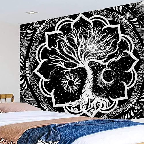Miniatura 3 de ARTHMOM Tapiz de árbol de la vida para dormitorio, estética de dormitorio, tapiz bohemio en blanco y negro, tapiz trippy de sol y luna con espacio