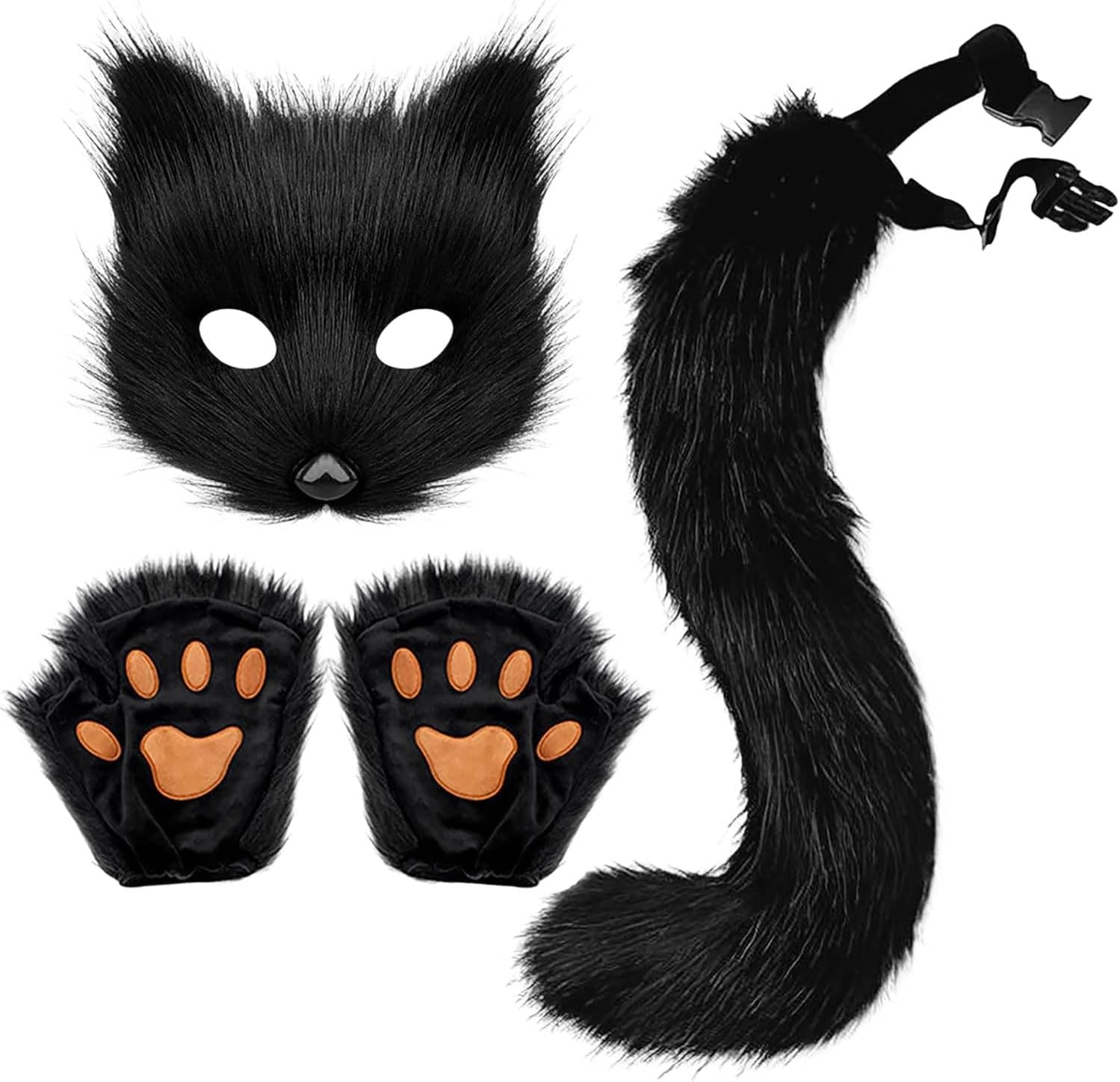 Cat Fox Wolf Tail, 4Pcs Furry Fox Tail, Therian Mask and Paw Gloves Costume Set for Women, Animals Costumes Halloween
