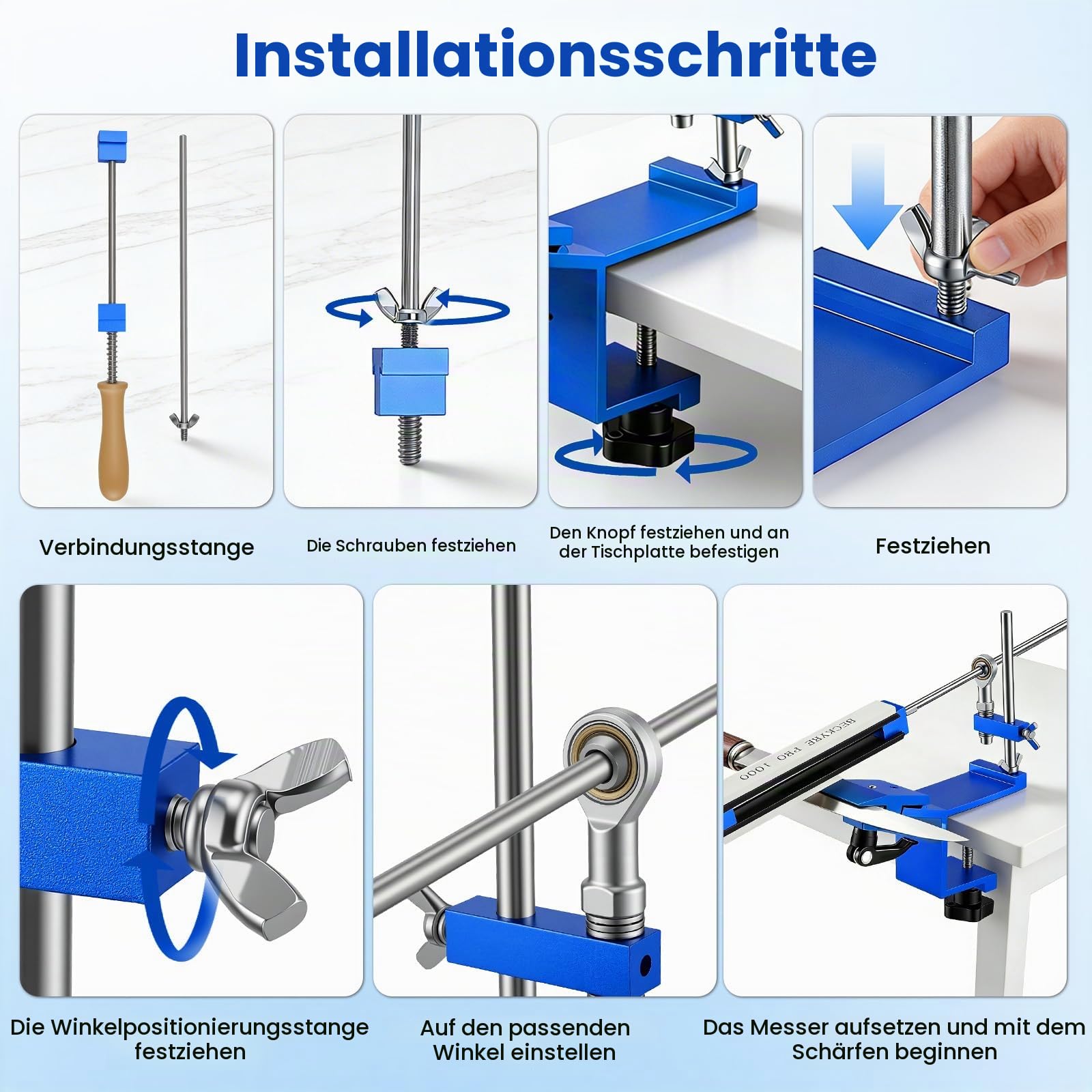 Messerschärfer mit 8 Schleifsteine, Messerschärfsystem Festwinkel mit Schnellspann-Design, Professionelles Schleifmittel-Haltesystem für Feinschleif-Polierwerkzeug