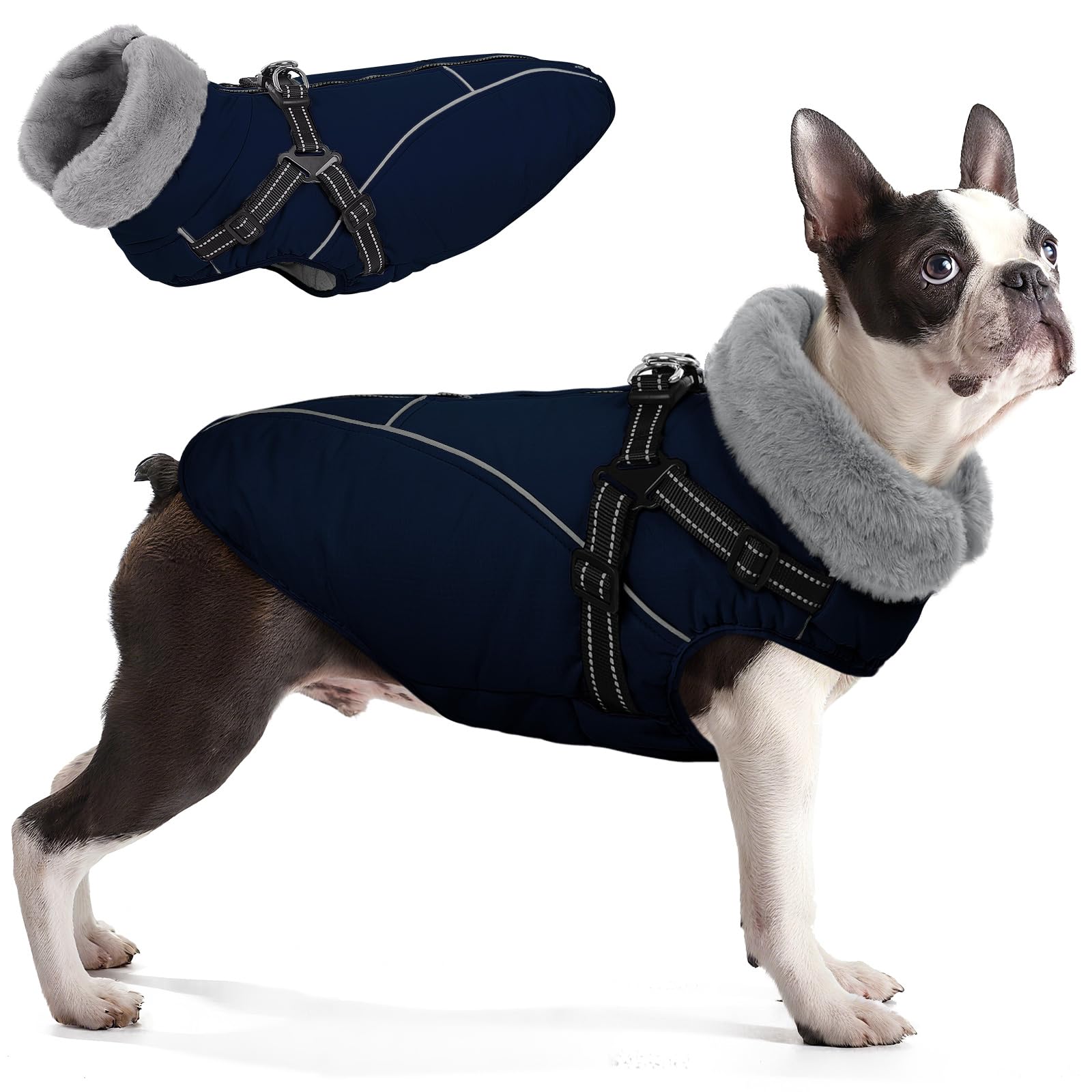 Manteau Chien Hiver avec Harnais, Manteaux Imperméables pour Chiens, Veste avec Harnais, Bouledogue Français/Cocker Spaniel/Lévrier
