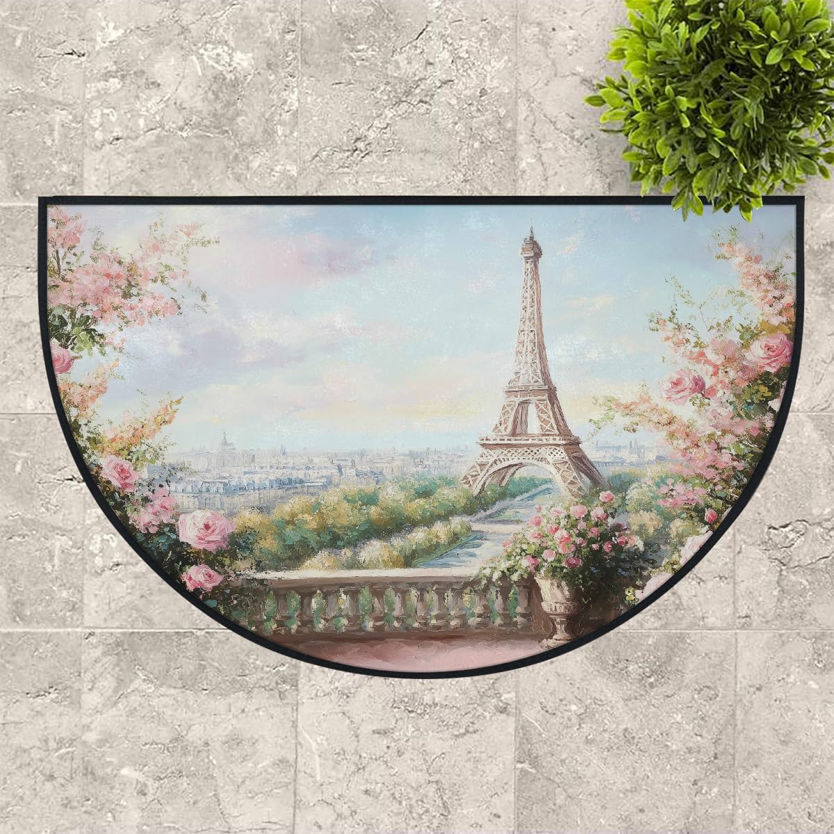 Mexpekil Paillasson demi-lune pour intérieur et extérieur - Motif paysage parisien - Antidérapant - Lavable - Absorbant la saleté - Demi-rond - 100 x 160 cm