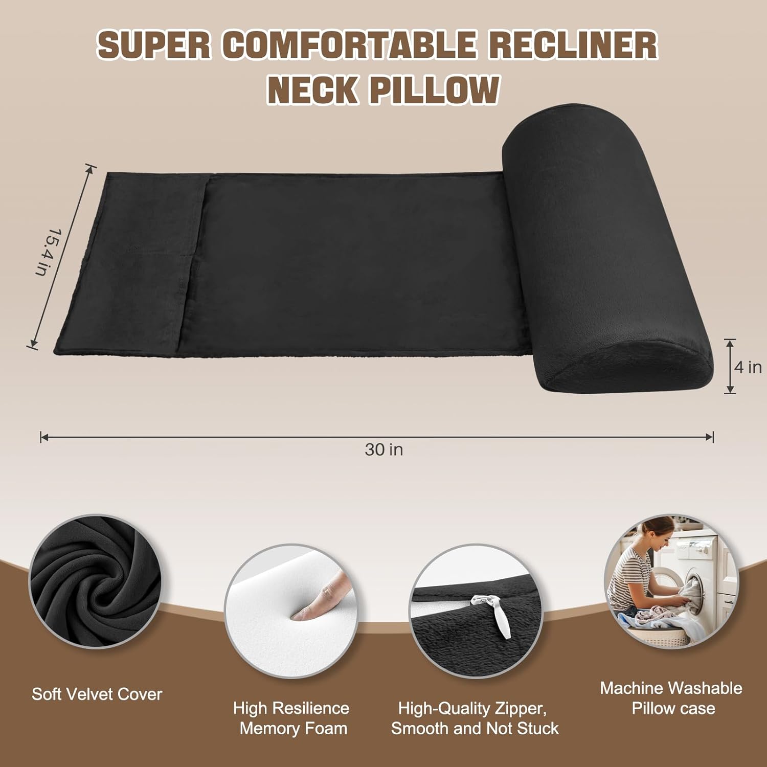 Neck Pillow for Recliner,Soft Velvet Non-Slip Recliner Pillow for Recliner, Couch, Chair, Sofa,Neck Support Pillow for Chair for Neck Pain Relief and Neck Support（Black） - Image 2