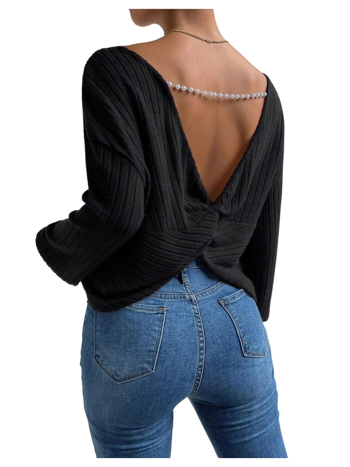 MakeMeChic Womens Open Back Tops Long Sleeve Shirts Criss Cross Sweaters V Neck Knit Pullover